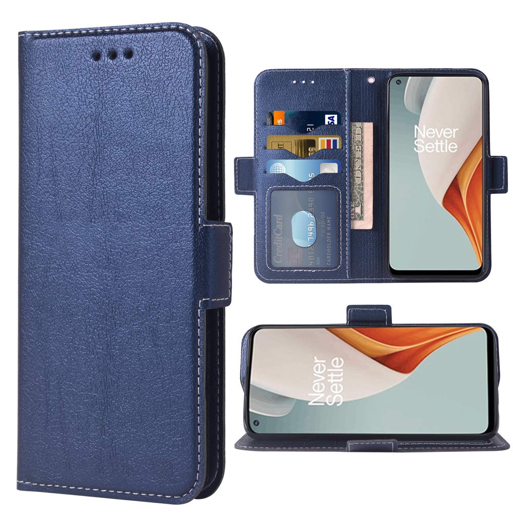 Premium Leather Wallet Case for OnePlus Nord N10 5G - Flip Cover with Card Holder & Stand Function (Blue) | Stylish Protective Phone Case for Men & Women | Perfect for Daily Use, Travel, and Business Meetings