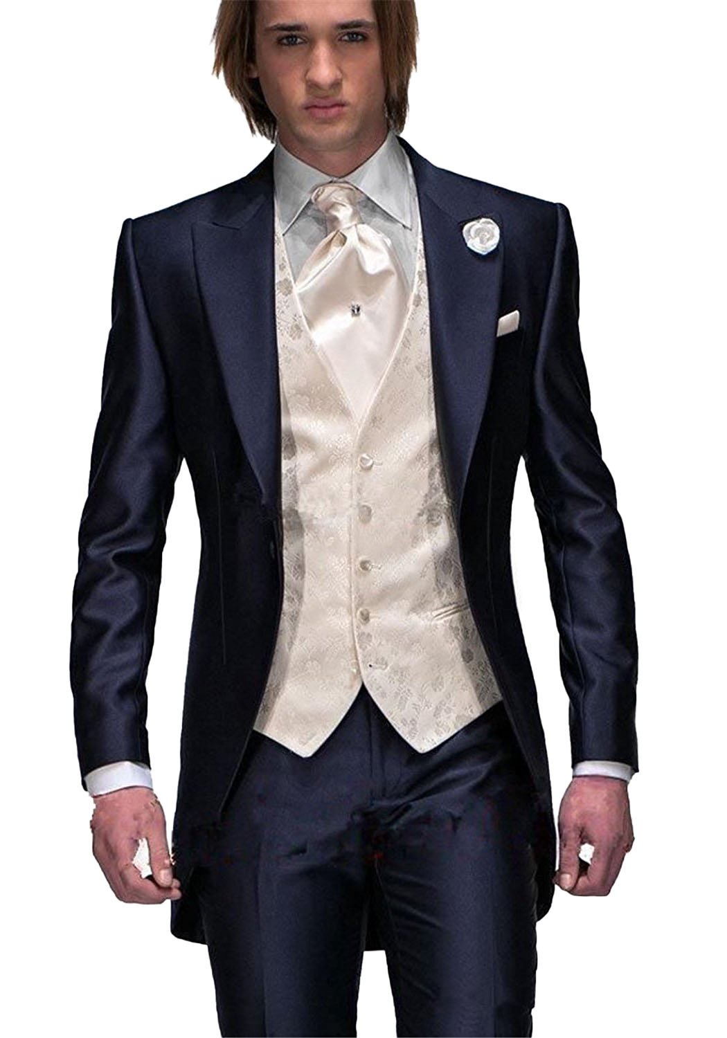 Newdeve 3-Piece Dark Blue Men's Formal Wedding Suit Set with Long Jacket - Perfect for Weddings, Proms, and Business Events