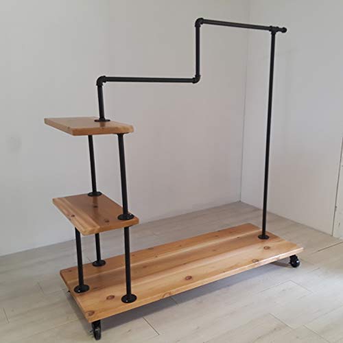 Industrial Style Clothing Rack on Wheels - Heavy Duty Rolling Garment Rack with Adjustable Pipe and Wood Shelves for Closet, Retail Store, and Home Organization