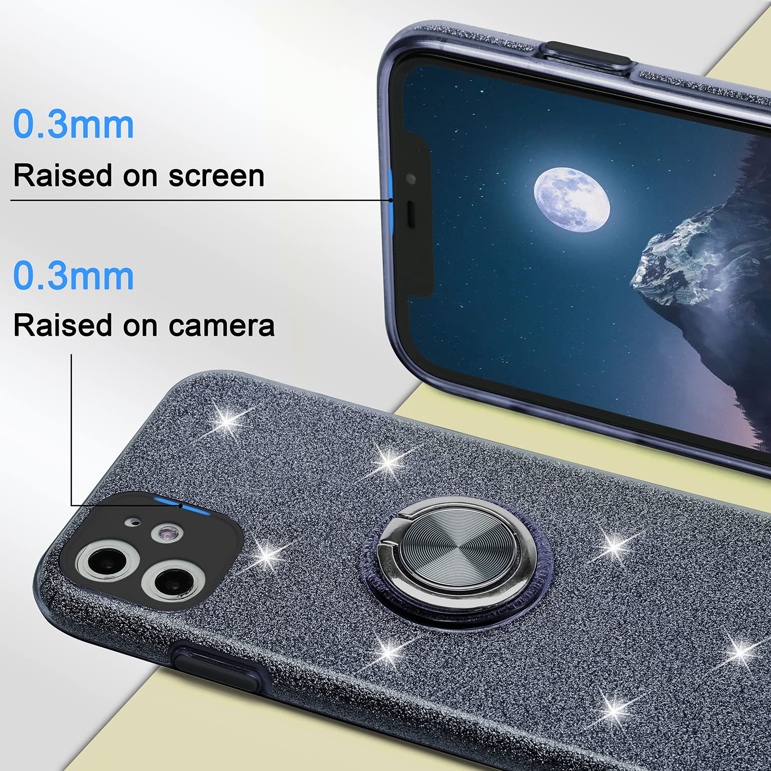 Wisdompro Sparkly Glitter Bling Phone Case with Ring Stand for iPhone 11 (6.1 inch) - Cute Protective Cover for Women & Girls | Perfect for Daily Use, Work, and Travel - Black