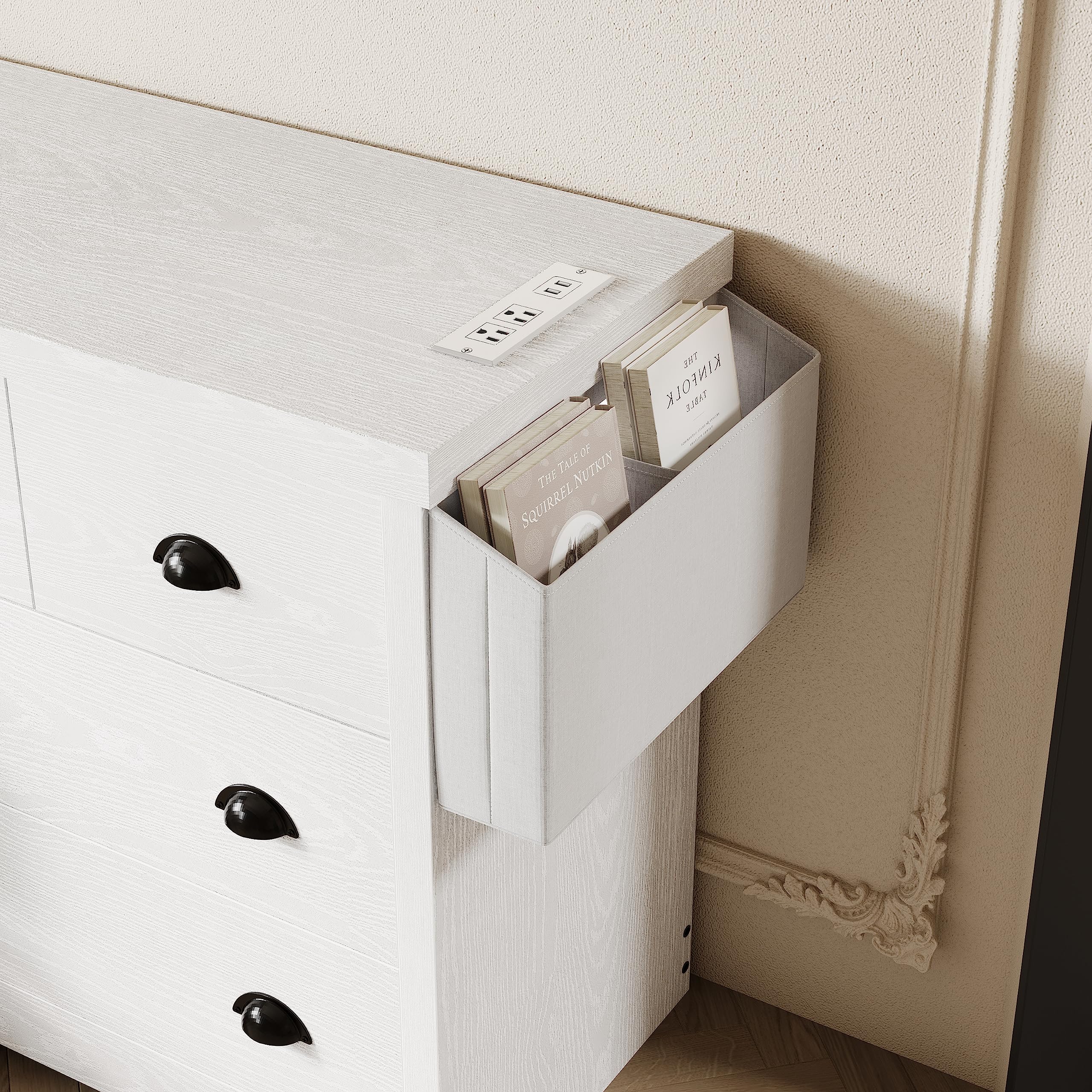 LIKIMIO 8-Drawer Modern Wood Dresser with USB Charging Station & Storage Bag - White Bedroom Chest for Clothes, Entryway Storage & Living Room Organization