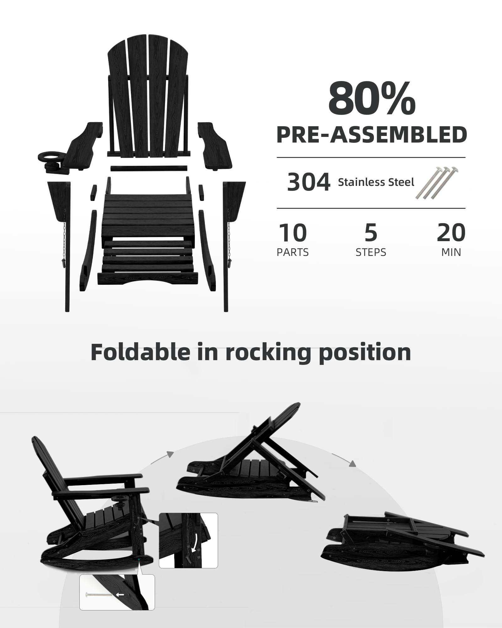 4-in-1 Folding Adirondack Rocking Chair with Ottoman - Patio, Lawn & Outdoor Chair in Wood Texture - Perfect for Porch, Backyard, Poolside & Garden Relaxation (Black)