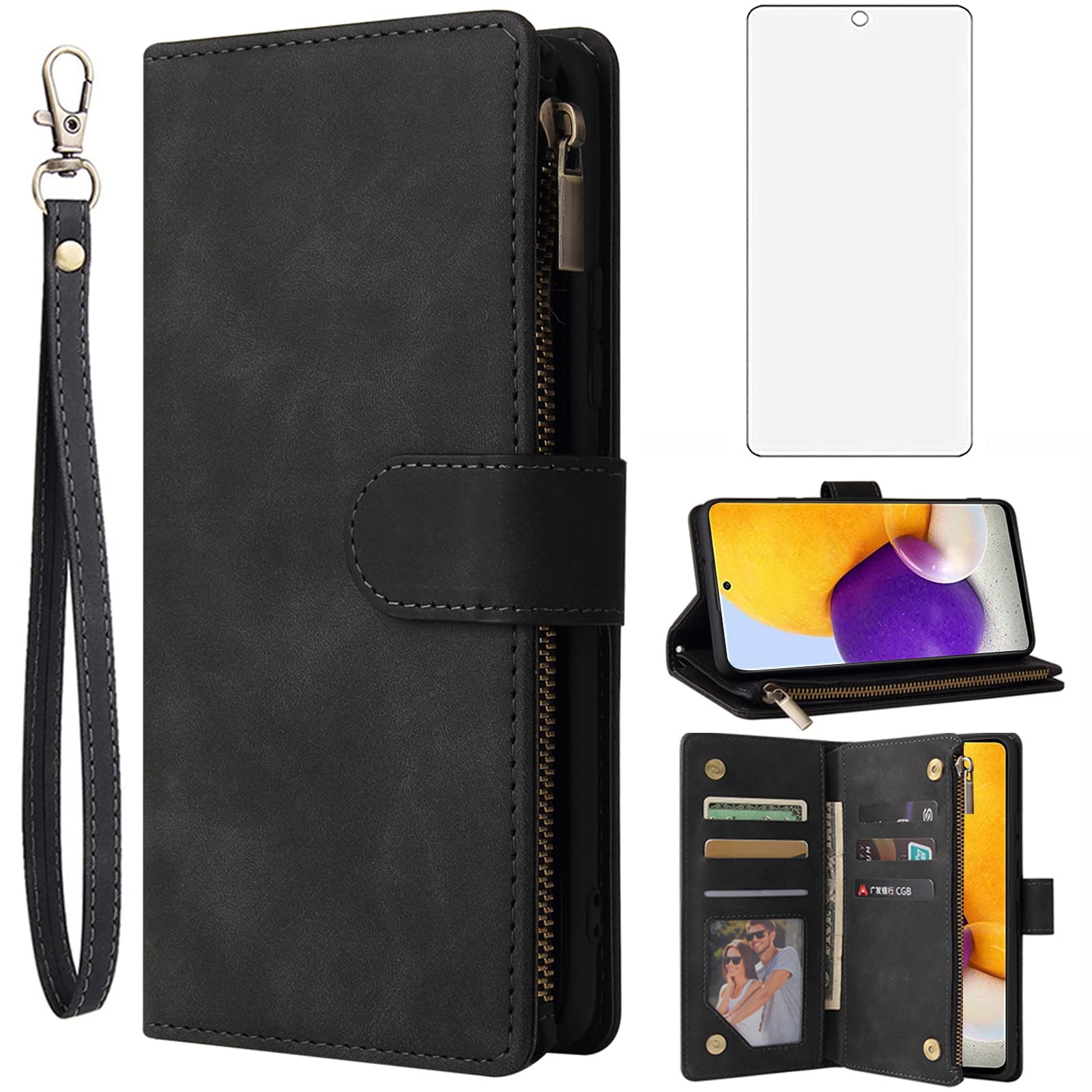 ASUWISH Wallet Case for Samsung Galaxy A72 5G/4G - Leather Flip Cover with Card Holder & Stand, Tempered Glass Screen Protector Included | Premium Phone Case for Women & Men in Black | Perfect for Work, Travel & Daily Protection