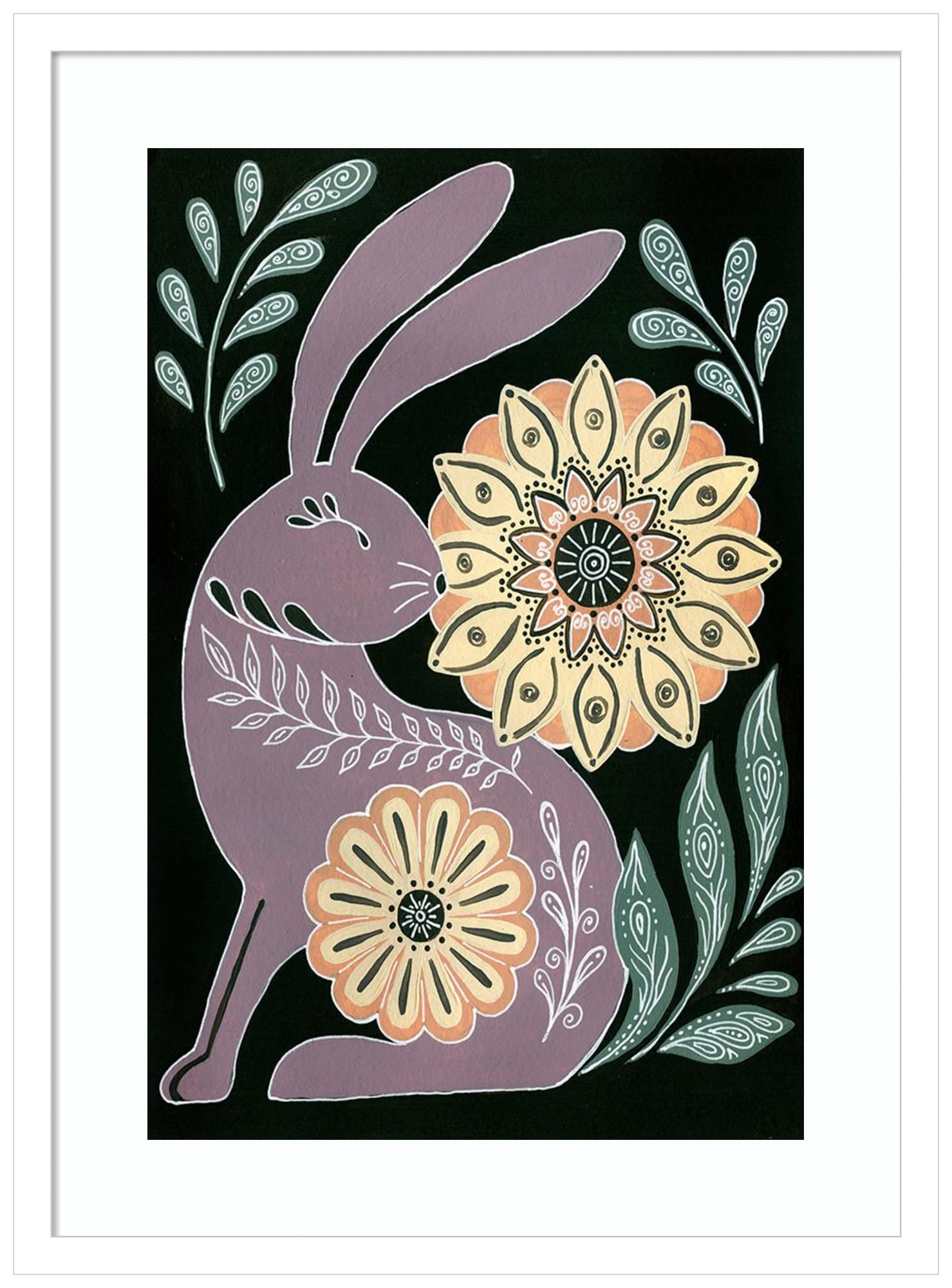 Amanti Art Framed Wall Art Print - 25x19 Nordic Folk Bunny Painting by Yvette St. Amant | Whimsical Animal Wall Decor for Living Room, Bedroom, Office | Perfect for Nursery, Bathroom & Kitchen Decor