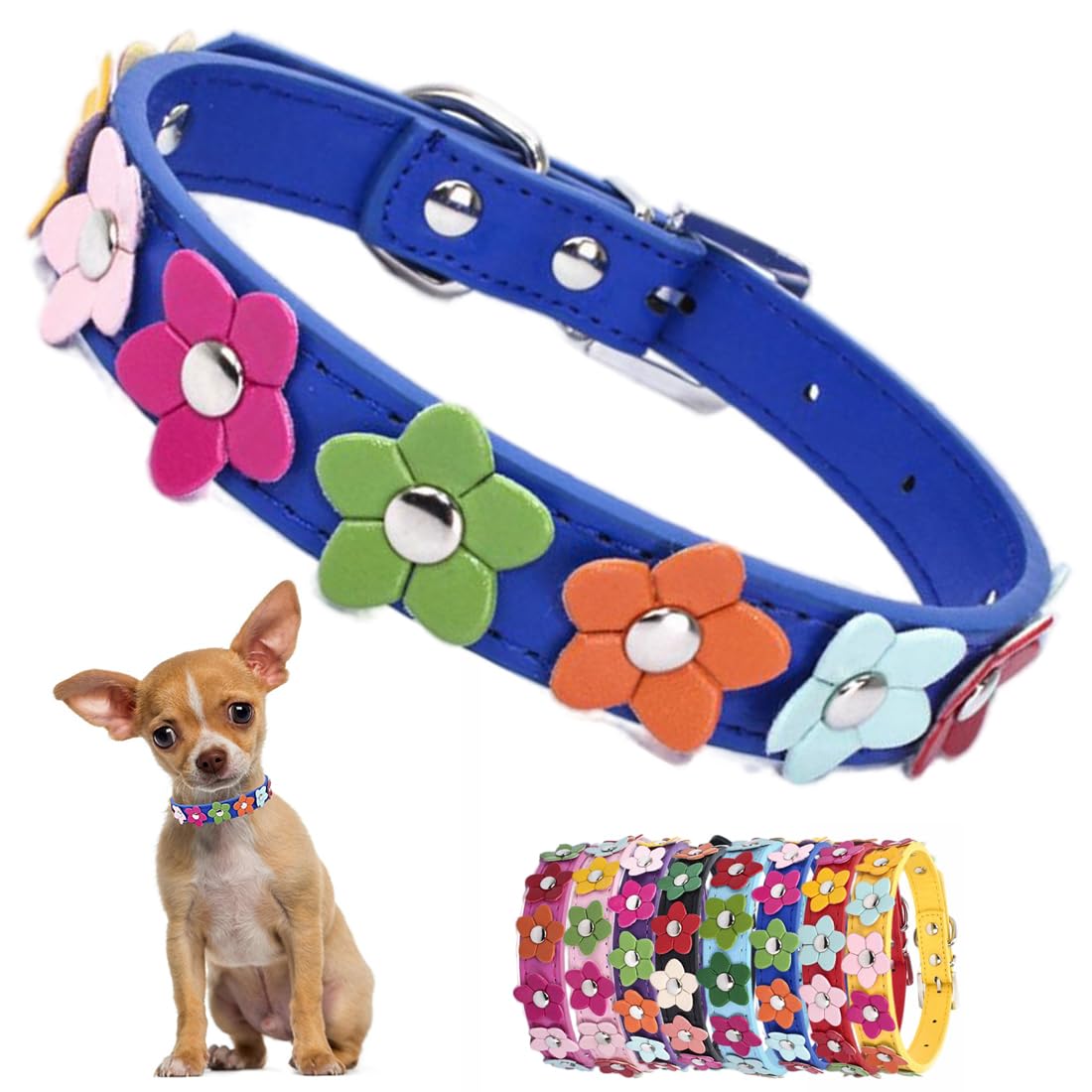 Floral Dog Collars for Small Dogs - Blue Faux Leather Flower Collar with Adjustable Buckle for XS/S/M Breeds | Cute Puppy Accessories for Female Dogs & Tiny Cats | Perfect for Daily Walks, Pet Photos & Special Occasions