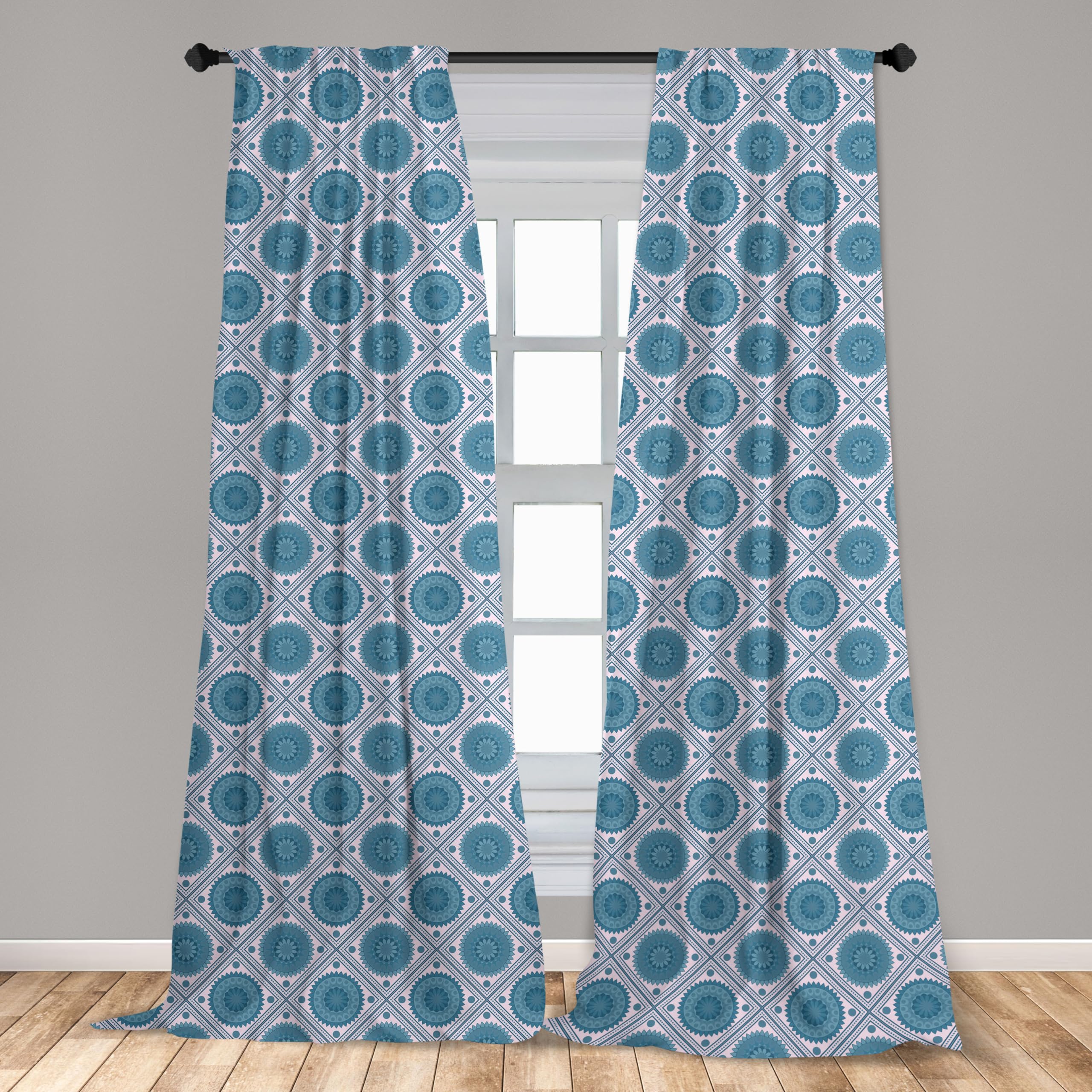 Ambesonne Blue Mandala Window Curtains - Geometric Rhombus Checkered Bohemian Style with Floral Motifs & Dots - Lightweight Blackout Drapes 2-Panel Set (28