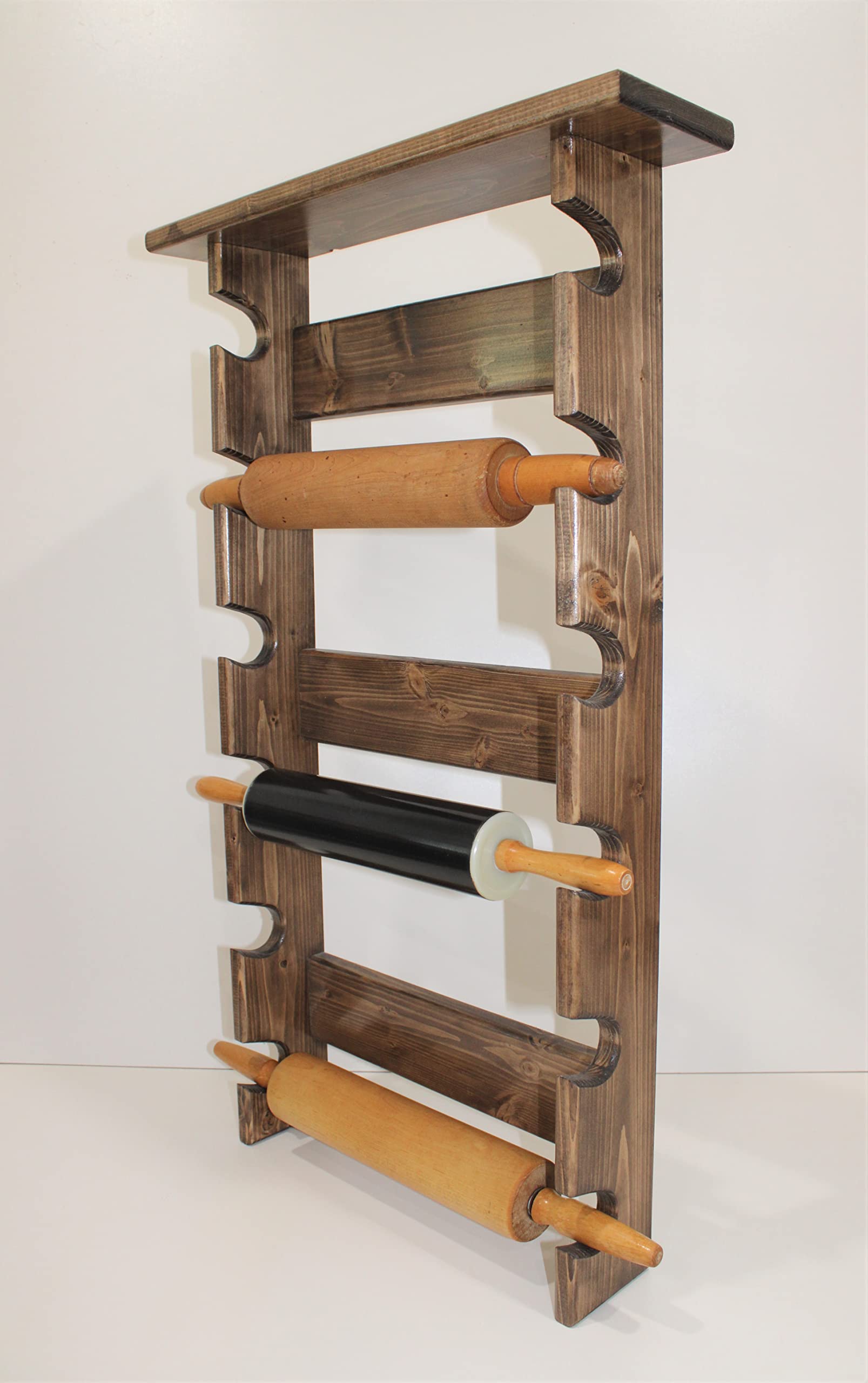 Provincial Style Rolling Pin Rack with Shelf - Wooden Rolling Pin Holder Organizer for 6 Pins - Kitchen Storage Solution for Baking Tools & Utensils - Perfect for Home Bakers & Professional Chefs
