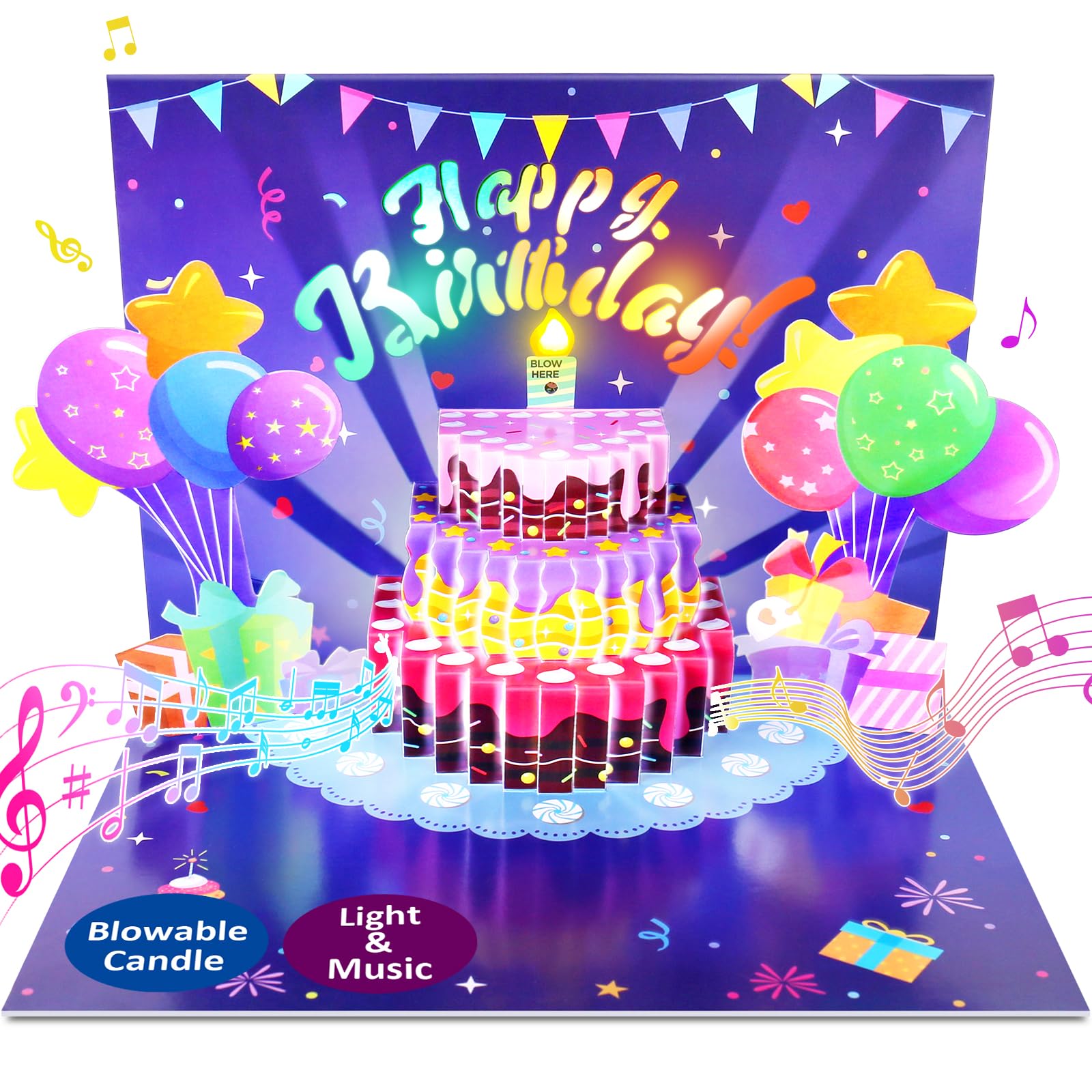 Musical Pop Up Birthday Cards with LED Light Candle - Plays Happy Birthday Song - Unique Greeting Cards for Women, Men, Husband, Wife & Kids - Perfect for Birthday Parties, Anniversaries & Special Celebrations