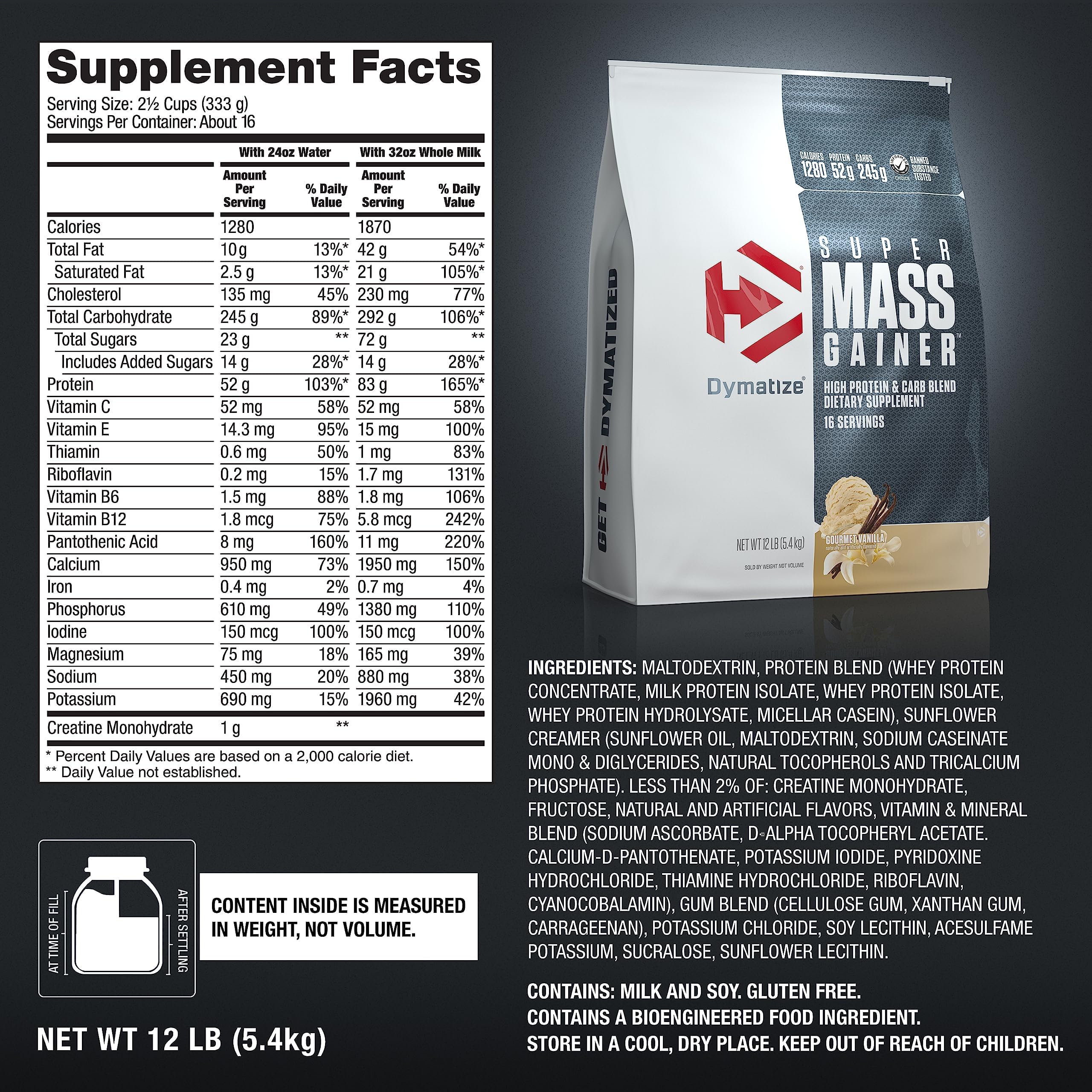 Dymatize Super Mass Gainer Protein Powder - Gourmet Vanilla Flavor | 52g Protein, 1280 Calories, 10.7g BCAAs | Whey Protein Isolate & Casein Blend | 16 Servings for Muscle Growth & Recovery | Ideal for Bodybuilding, Weight Gain & Post-Workout Nutrition