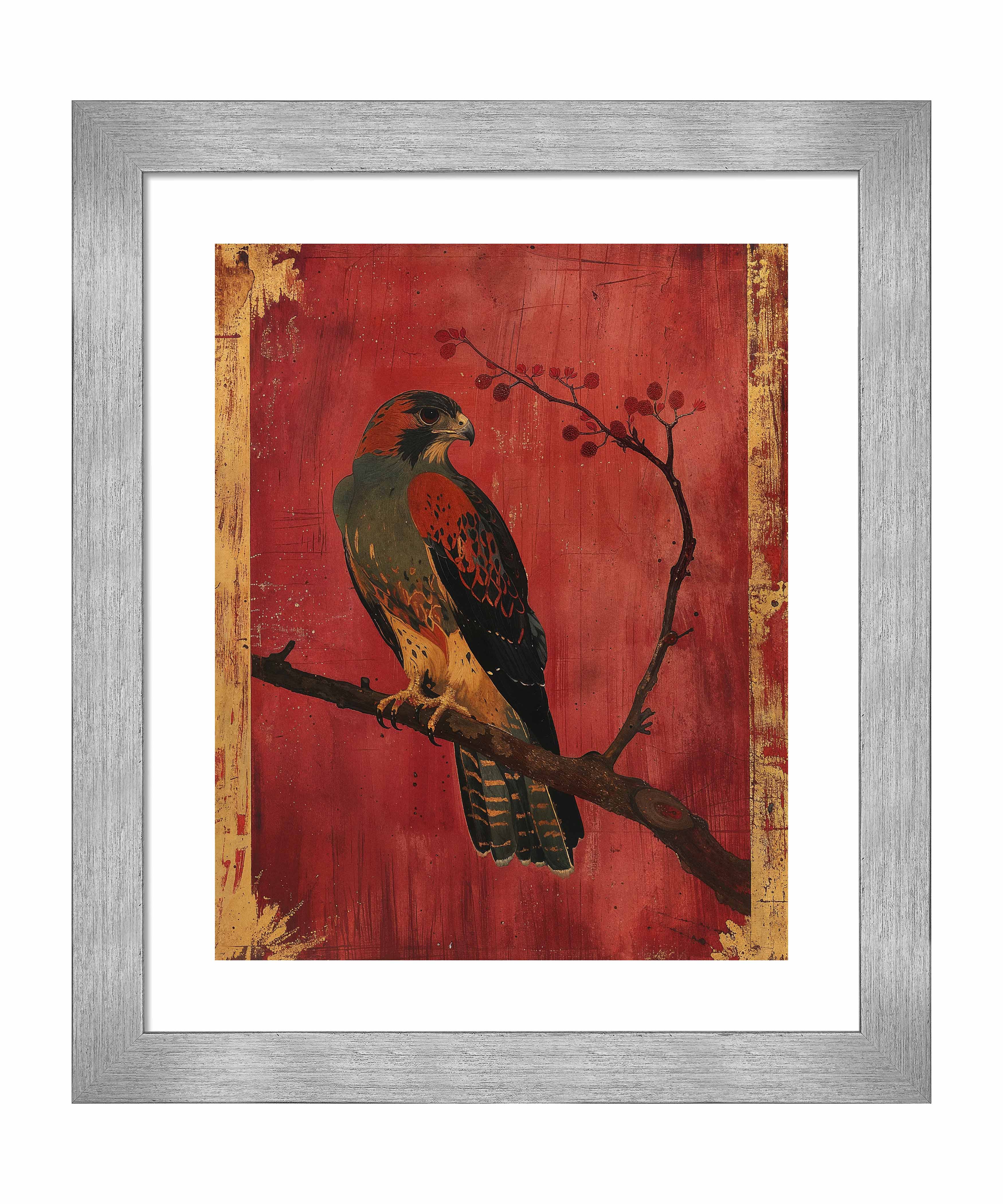 Crimson Majesty Falcon of the Silk Road Art Prints - Elegant Wall Decor for Living Room, Bedroom & Office | Historical Silk Road Inspired Artwork