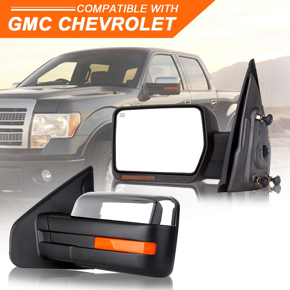 ROADFAR Power Heated Towing Mirrors for 2004-2014 Ford F150 Pickup - Left & Right Side Mirrors with Turn Signal, Puddle Light & Chrome Housing | Perfect for Towing, Off-Roading & Night Driving