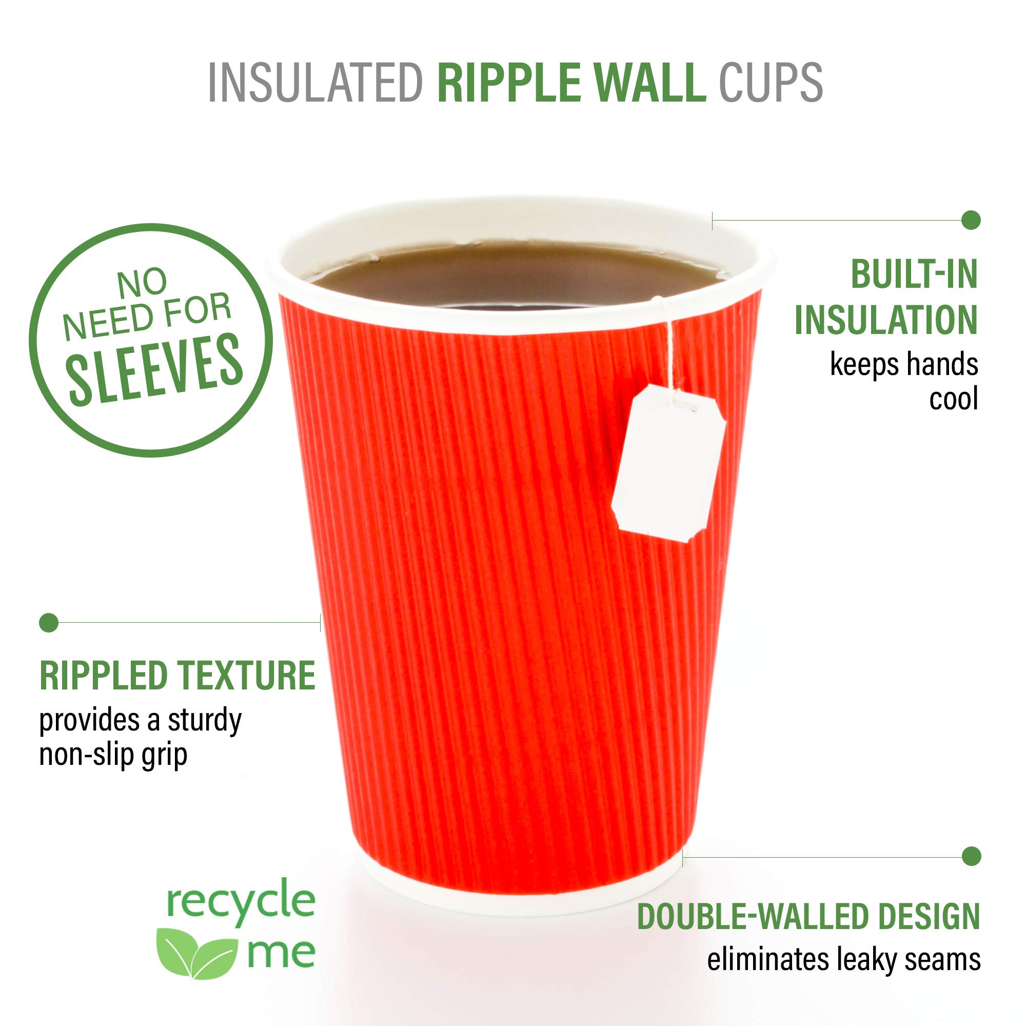 500 Pack 16oz Disposable Coffee Cups with Ripple Wall Design - Insulated Red Paper Hot Cups for Coffee, Tea & Hot Beverages (Lids Sold Separately) - Perfect for Cafes, Offices, Catering & Takeout Services