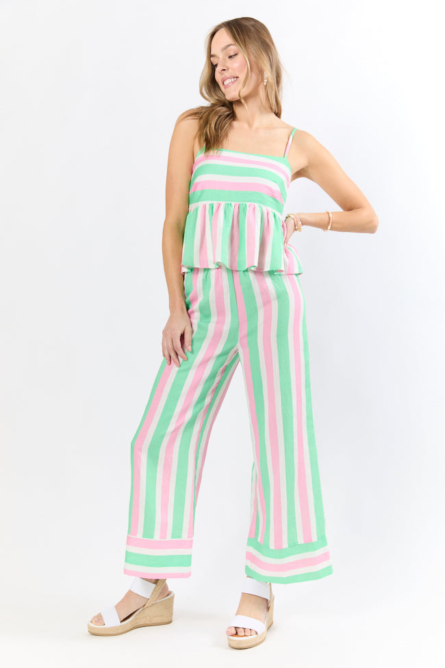 Pink and Green Striped Two Piece Set - Women's Matching Bikini Swimwear for Beach Vacation & Pool Party | Boardwalk Prep