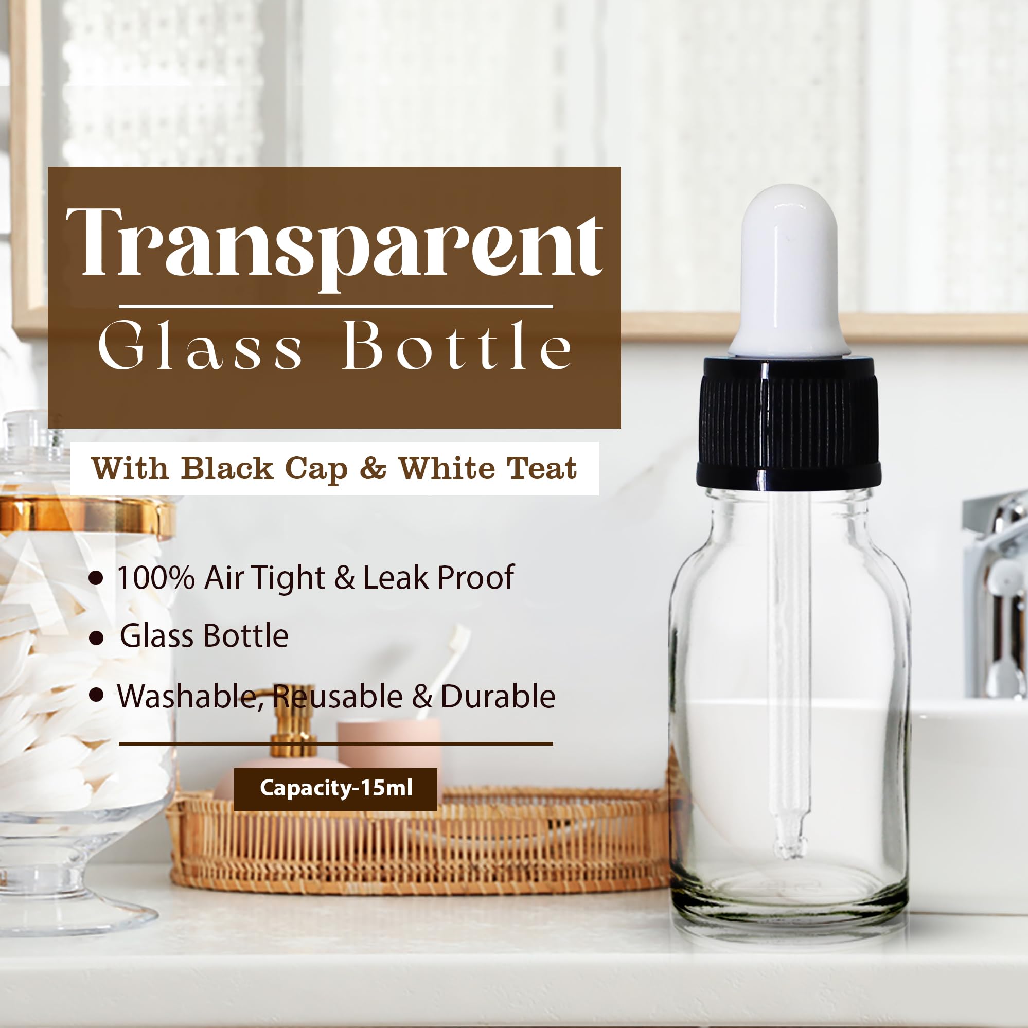 NSB Herbals 15ml Clear Round Empty Glass Bottle with Dropper & Black Ring - White Silicone Teat for Essential Oils, Perfumes, DIY Beauty (Pack of 3) | Refillable Travel-Size Container for Aromatherapy & Skincare