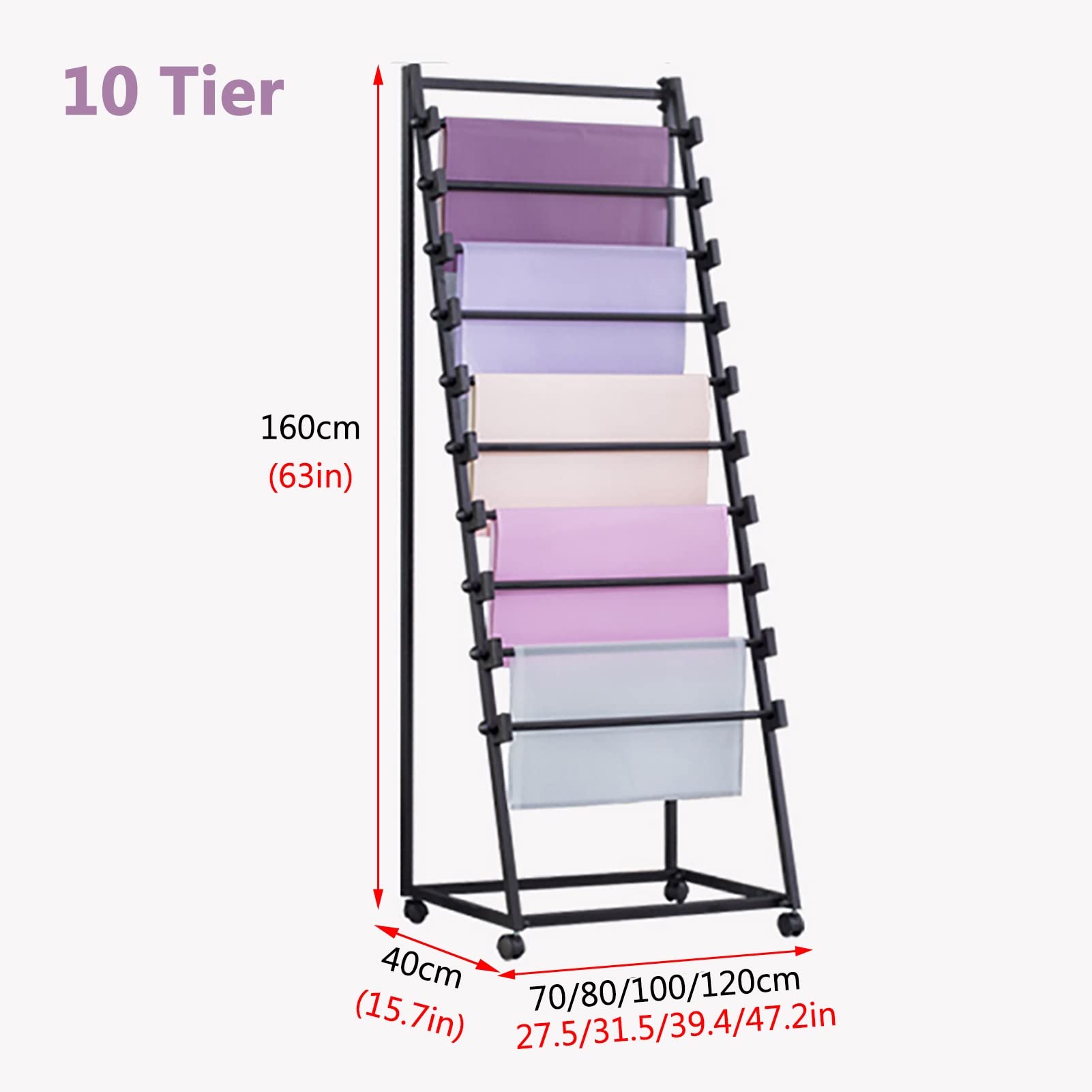 10-Tier Metal Ribbon Storage Organizer Rack - Movable Scarf, Wrapping Paper & Fabric Holder with Removable Crossbar - Perfect for Florists, Gift Shops & Craft Rooms (Black) - Organize Ribbons, Shawls & DIY Supplies in Style