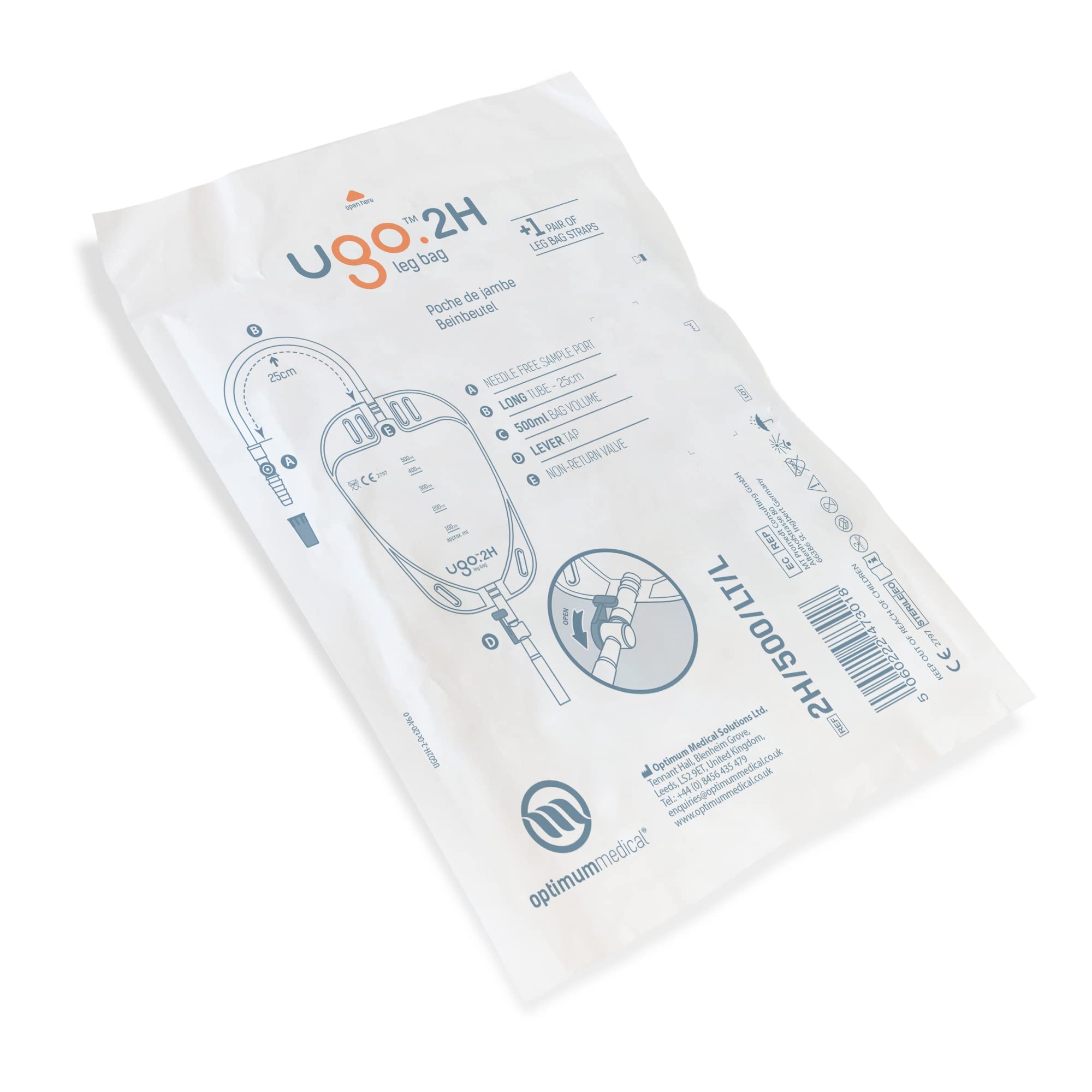 Ugo Leg Bags (10-Pack) - 500ml Urine Drainage Bags for Catheter with Soft Fabric Backing, Natural Leg-Shape Design & Lever Tap - Ideal for Post-Surgery, Travel & Daily Use (Ugo 2H Long Tube)