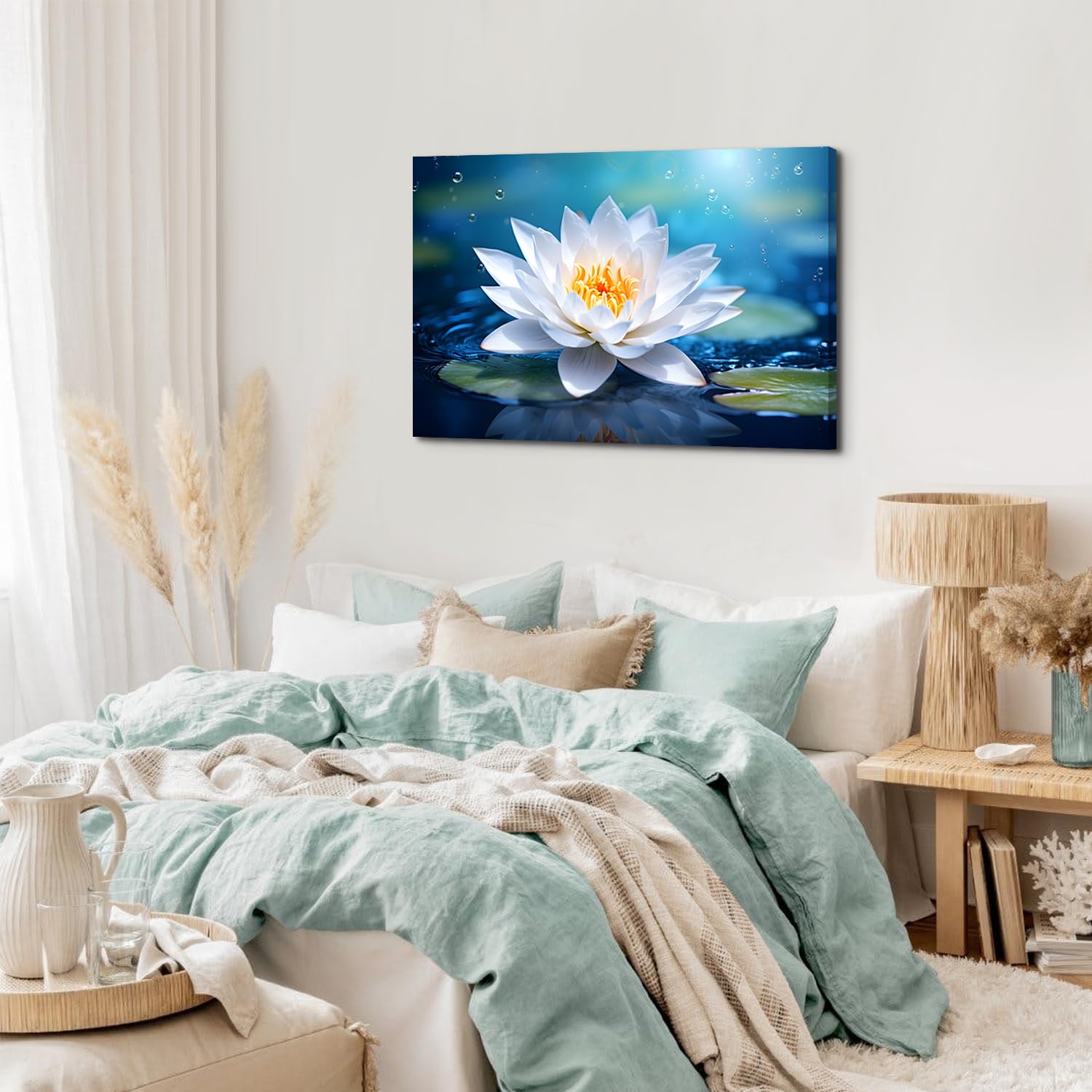 Blue White Lotus in Water Landscape Canvas Print - 32x48