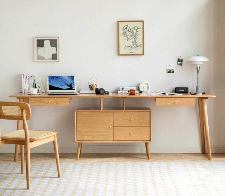 Solid Oak Wood Adjustable Height Office Desk - Extendable Workstation for Home & Business Use