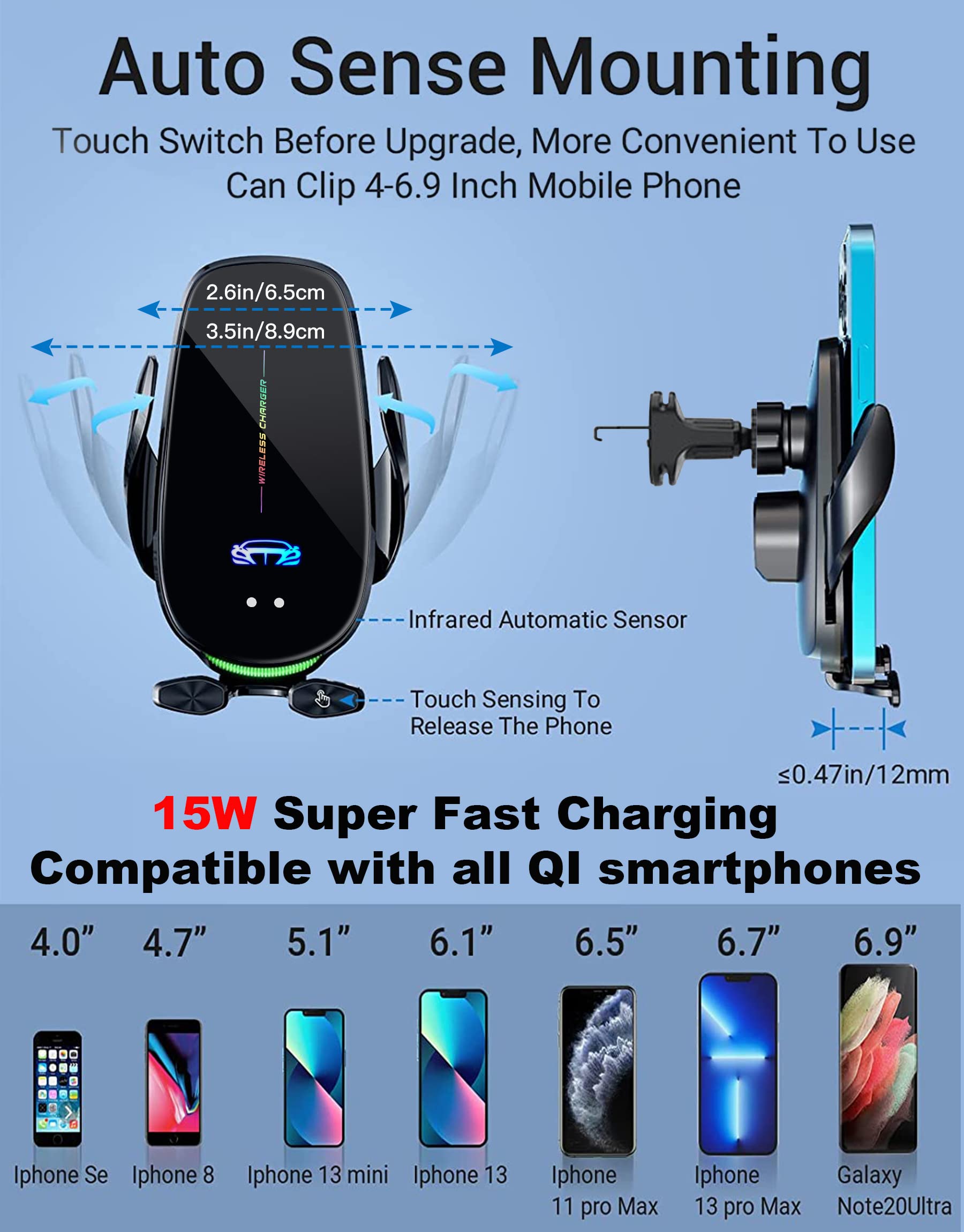 Fast Charging 15W Wireless Car Phone Holder - Auto Clamping Qi-Certified Charger Mount for iPhone 15/14/13/12 & Samsung Galaxy S23/S22 (All Qi-Enabled Phones) | Perfect for Road Trips & Commuting
