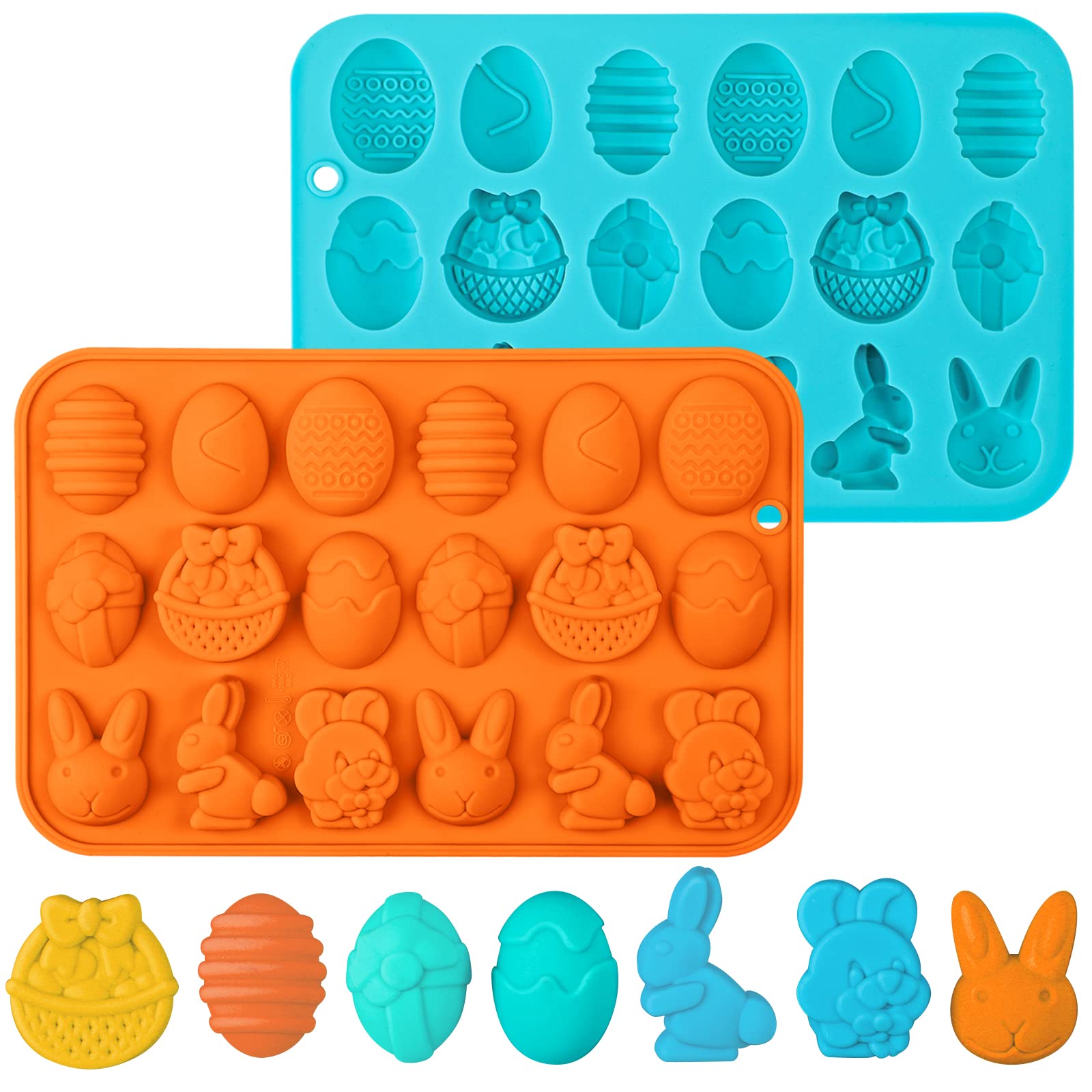 Webake 18-Cavity Silicone Easter Molds - Bunny, Egg & Basket Shapes for Candy, Fondant, Pudding, Jelly, Soap & Cupcake Decorations (Pack of 2) | Perfect for Easter Baking, DIY Crafts & Holiday Party Treats
