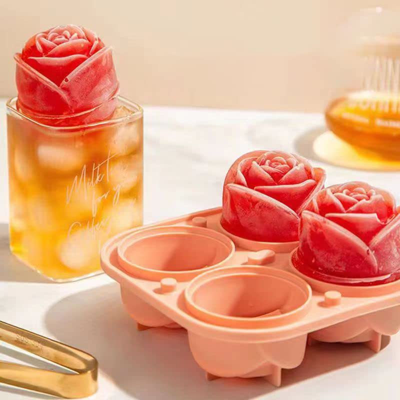 3D Rose Ice Cube Tray - Reusable 4 Cavity Silicone Ice Ball Maker Mold for Cocktails & Whiskey | Easy Release Stackable Ice Trays with Lid | Perfect for Chilling Drinks, Party Decorations & Romantic Date Nights