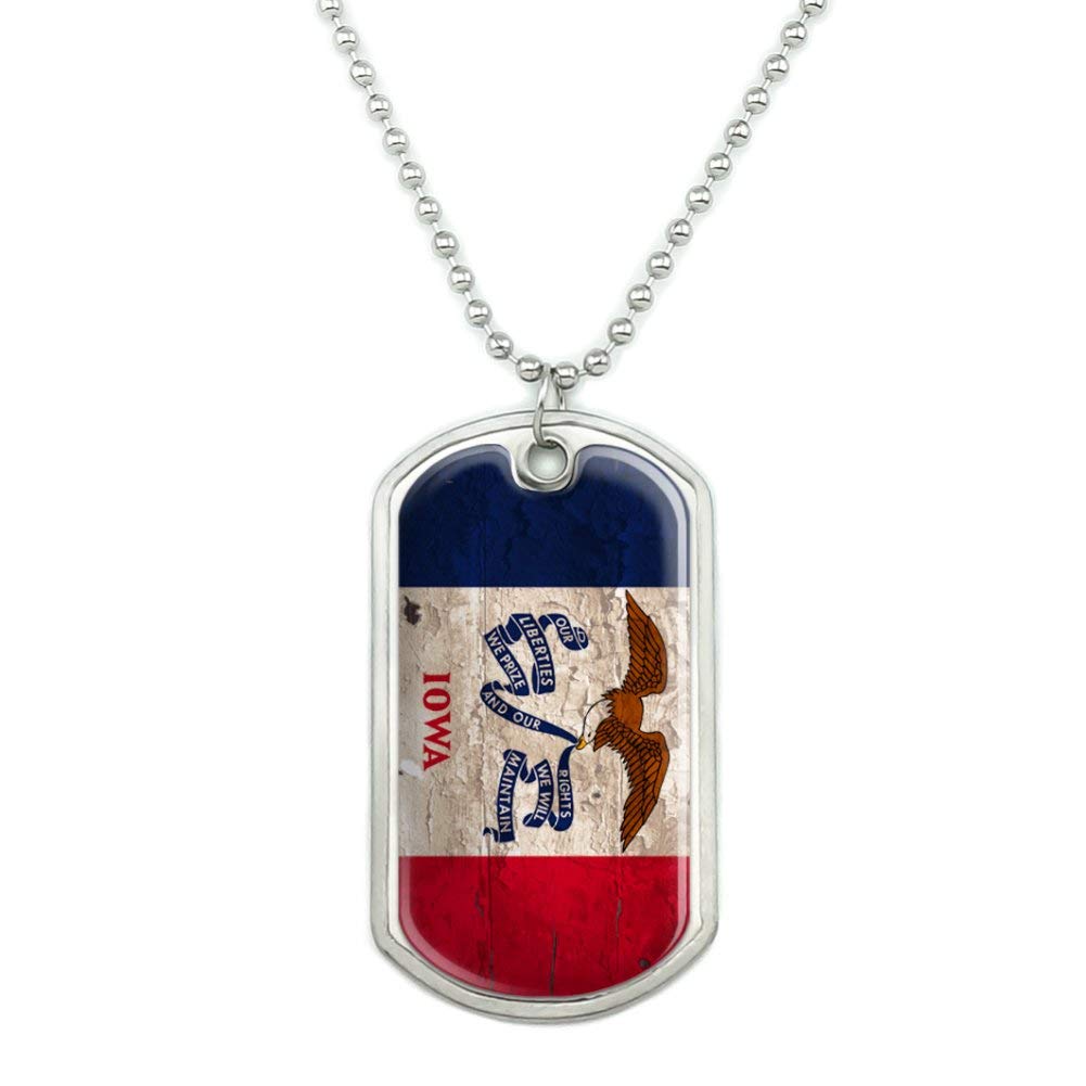 Vintage Rustic Iowa State Flag Distressed USA Military Dog Tag Pendant Necklace with Chain - Perfect for College Fans, Military Appreciation & Patriotic Gifts