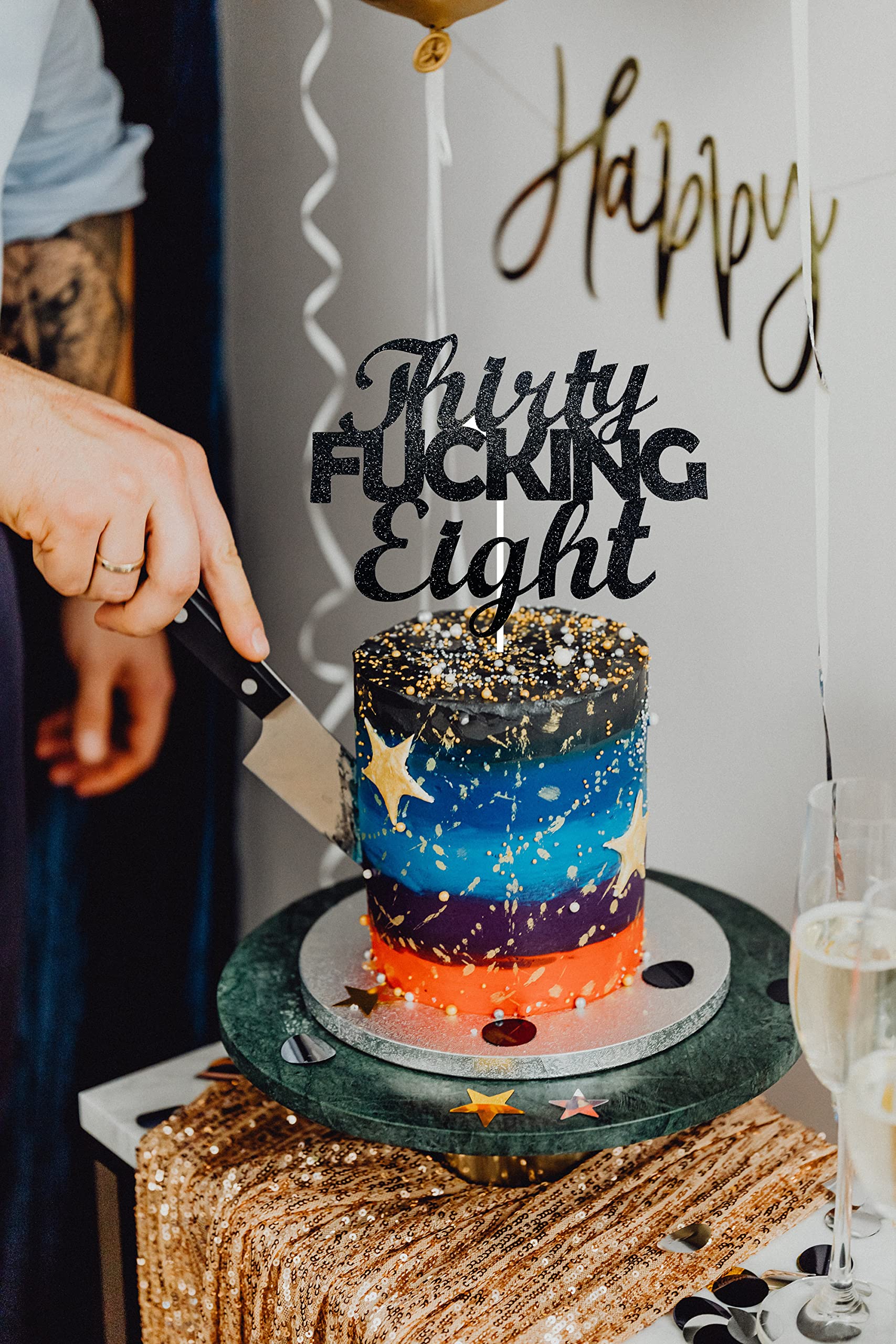 Happy 38th Birthday Cake Topper - Black Glitter 'Thirty Eight' Cake Decorations for Women & Men - Perfect for Anniversary, Retirement & Milestone Celebrations