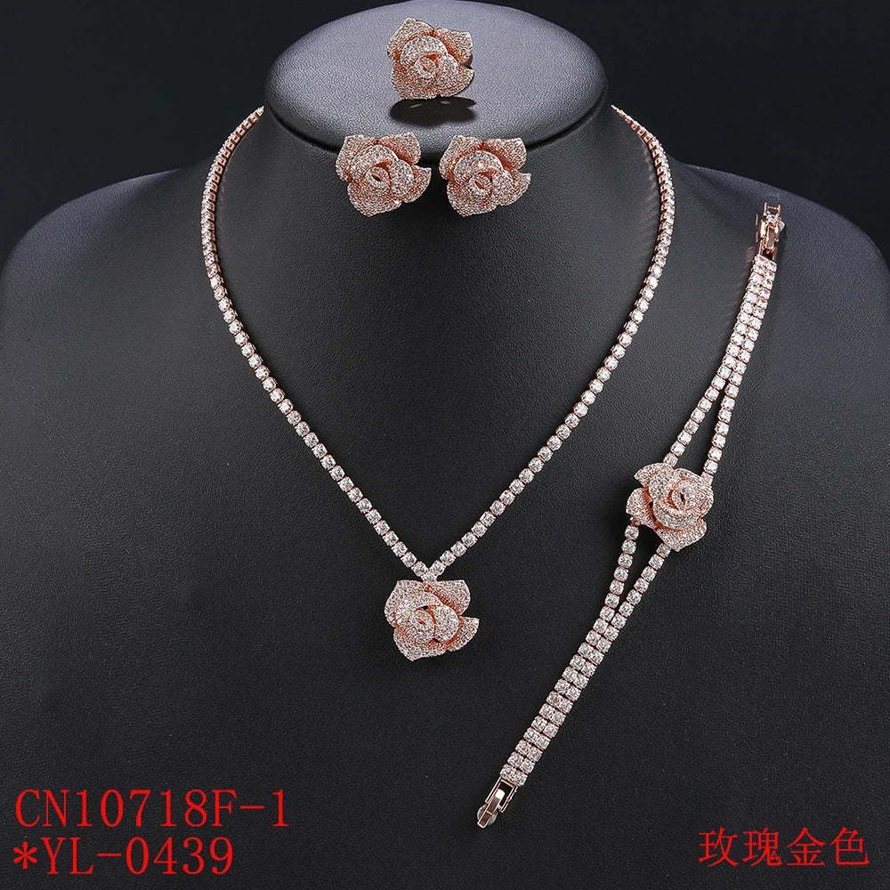 4-Piece Cubic Zirconia Rose Flower Jewelry Set - Pendant Necklace, Earrings, Bracelet & Ring - Bridal Wedding Jewelry for Women - Perfect for Weddings, Anniversaries and Special Occasions