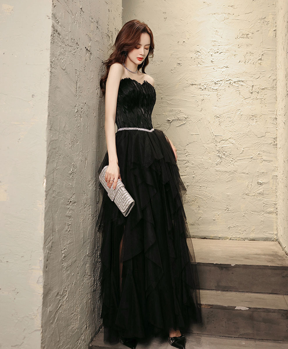 Elegant Black Aline Tulle Long Prom Dress with Feather Details - Formal Evening Gown for Homecoming, Wedding, and Special Occasions