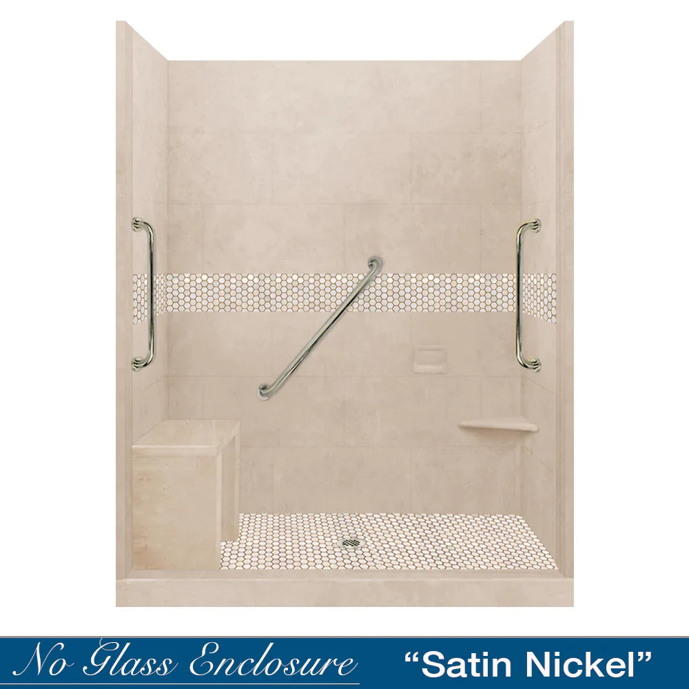 60 Alcove Desert Sand Sistine Stone & Honey Hex Mosaic Tile Accent - DIY Shower Remodel Kit with Free Shampoo Niche | Bathroom Wall & Floor Tile for Shower Backsplash, Bathroom Renovation, and Home Decor