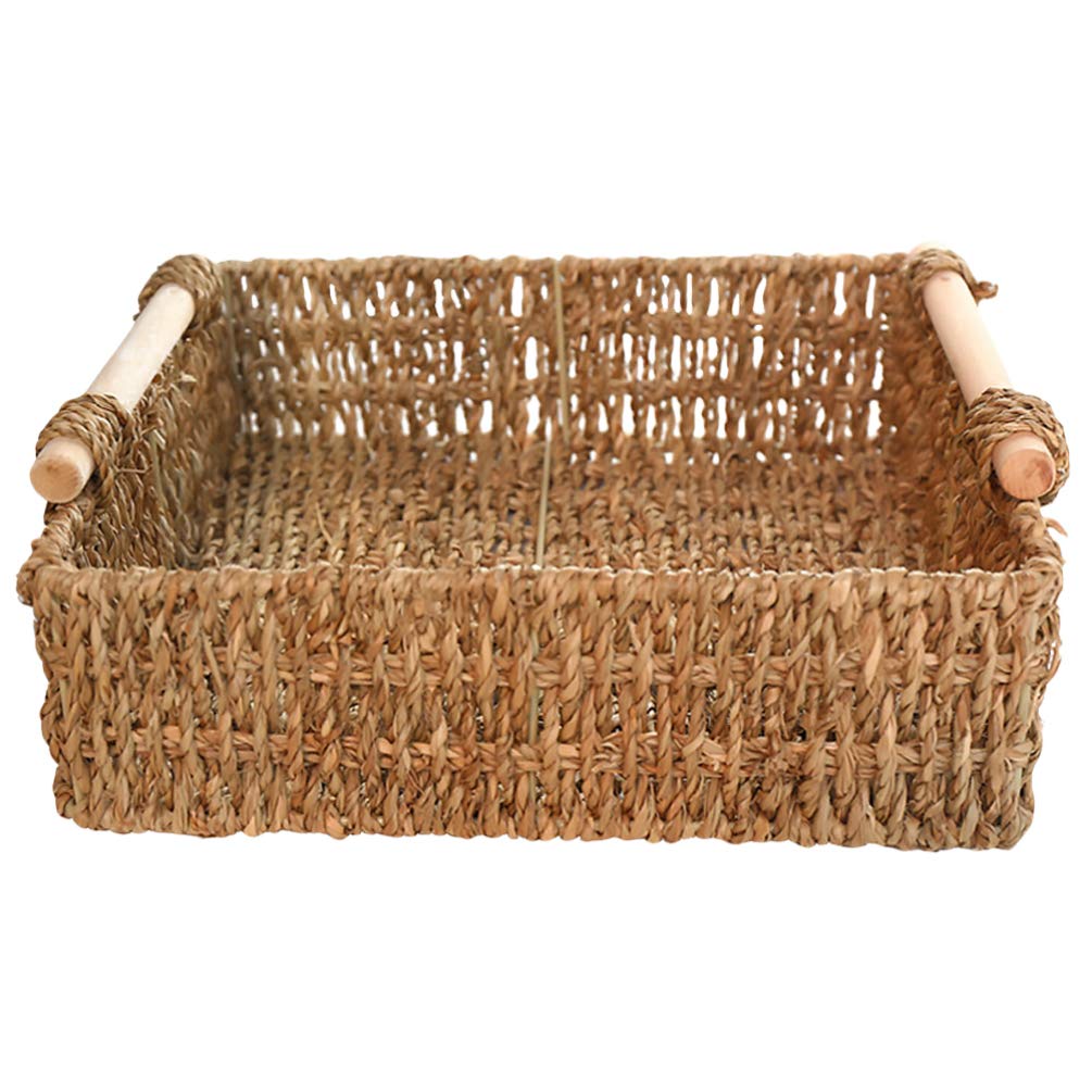 DOITOOL Round Wicker Tray - Natural Seagrass Storage Basket with Wooden Handle, 29cm Rattan Organizer for Bathroom Towels, Toiletries, Office Desk & Drawer Storage - Perfect for Home Decor and Organization