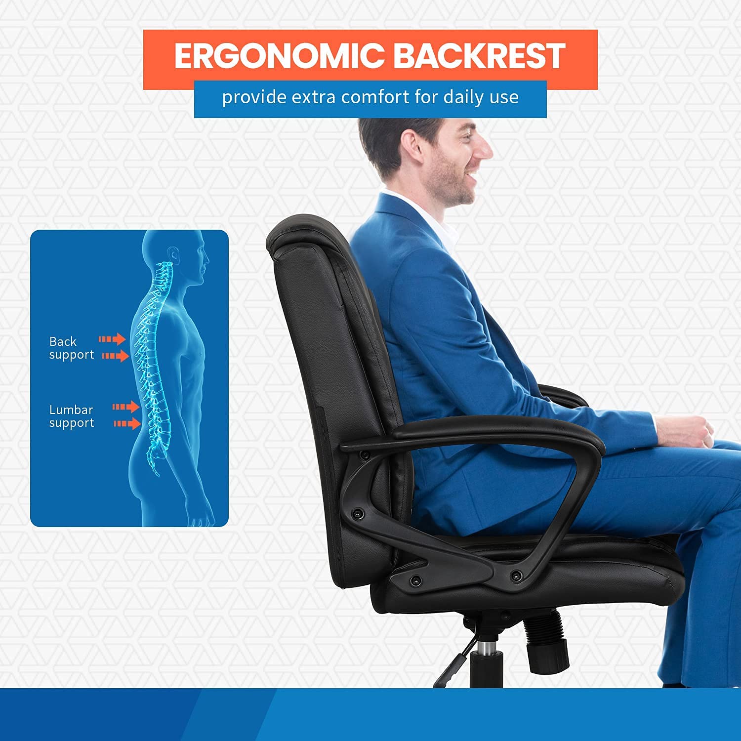 Ergonomic Office Chair with Mid Back & Lumbar Support - Big & Tall Computer Desk Chair for 250 lbs - Wide PU Leather Seat with Rolling Wheels - Perfect for Home Office, Gaming & Workspaces (Black)