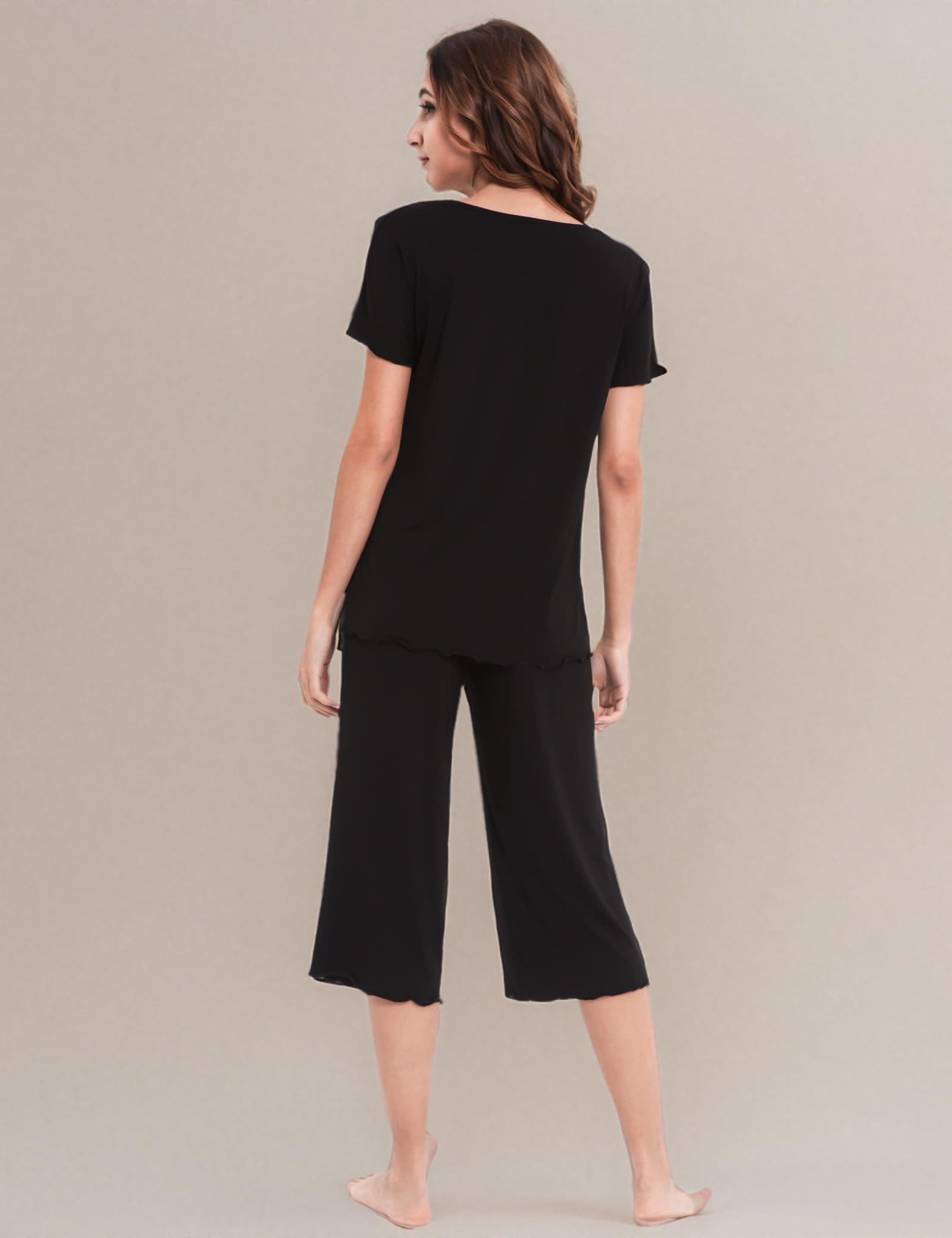 LazyCozy Women's Bamboo Viscose Pajama Set - Short Sleeve Top & Capri Pants Sleepwear - Soft 2-Piece Lounge Set for Comfortable Sleep & Relaxation at Home