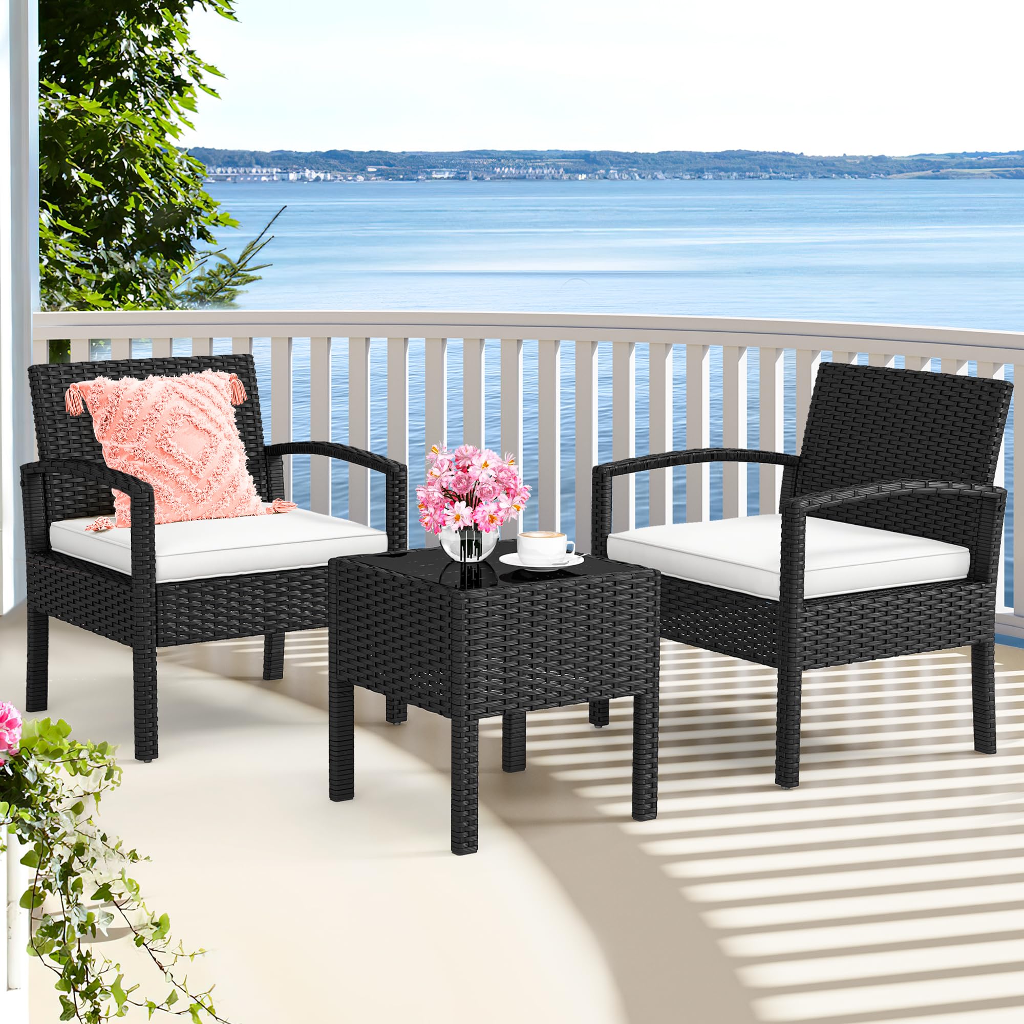 YITAHOME 3-Piece Outdoor Patio Furniture Set - All-Weather Wicker Bistro Chairs with Glass Side Table & Cushions - Black & Beige Rattan Conversation Set for Backyard, Balcony, Deck, Garden & Poolside Relaxation