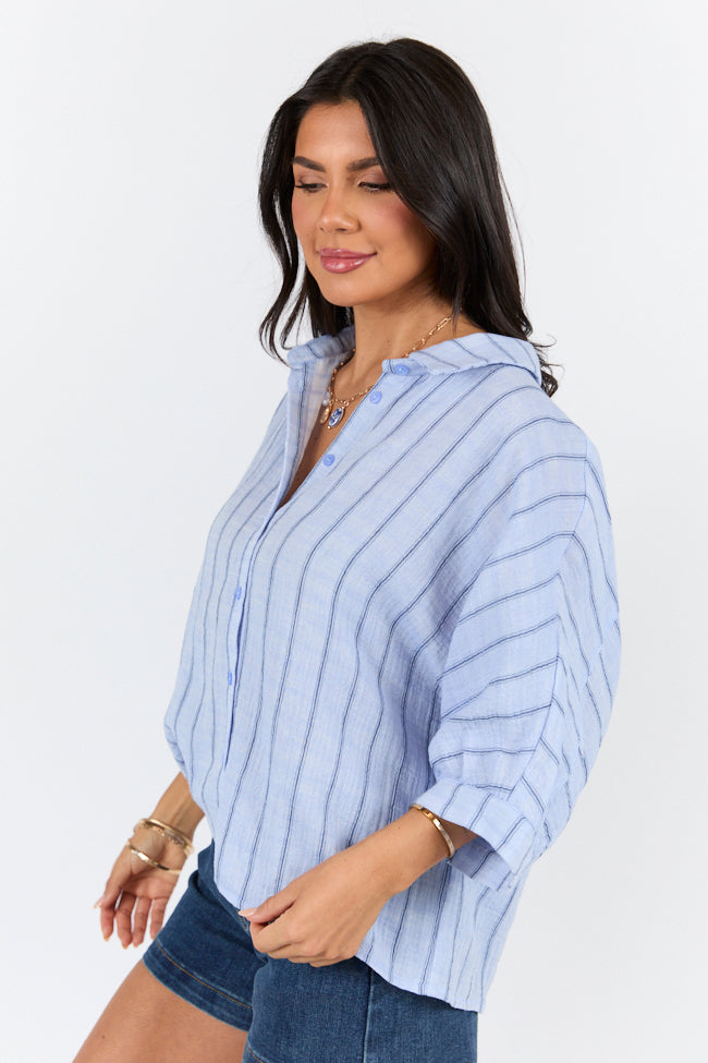 Blue Oversized Striped Gauze Button Down Shirt for Women - Lightweight & Breathable Summer Top - Perfect for Beach, Vacation, and Casual Outings