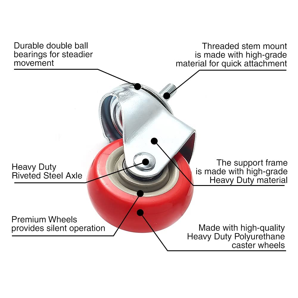 8 Pack 3 Inch Heavy Duty Caster Wheels with Swivel Plate & Stem - Red Polyurethane Wheels for Smooth Rolling - Perfect for Carts, Furniture, Workbenches and Industrial Equipment