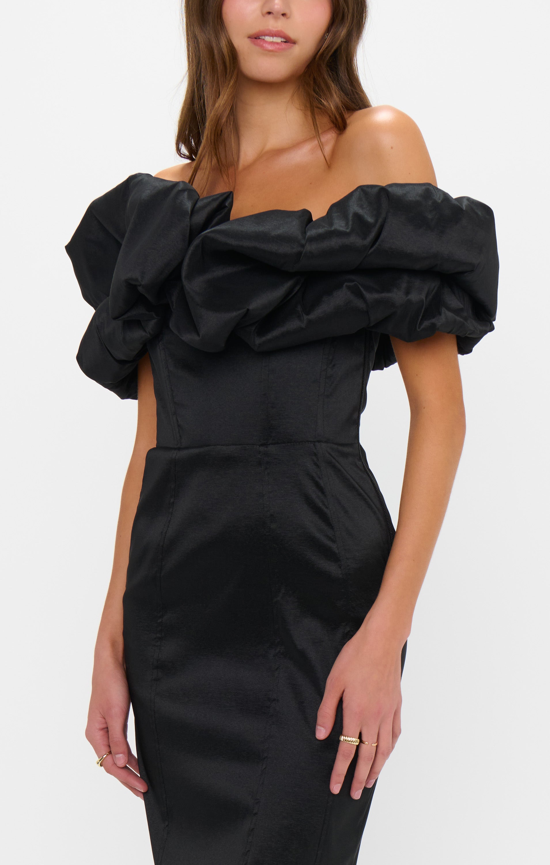 Elegant Black Taffeta Major Drama Maxi Dress for Evening Parties & Special Occasions