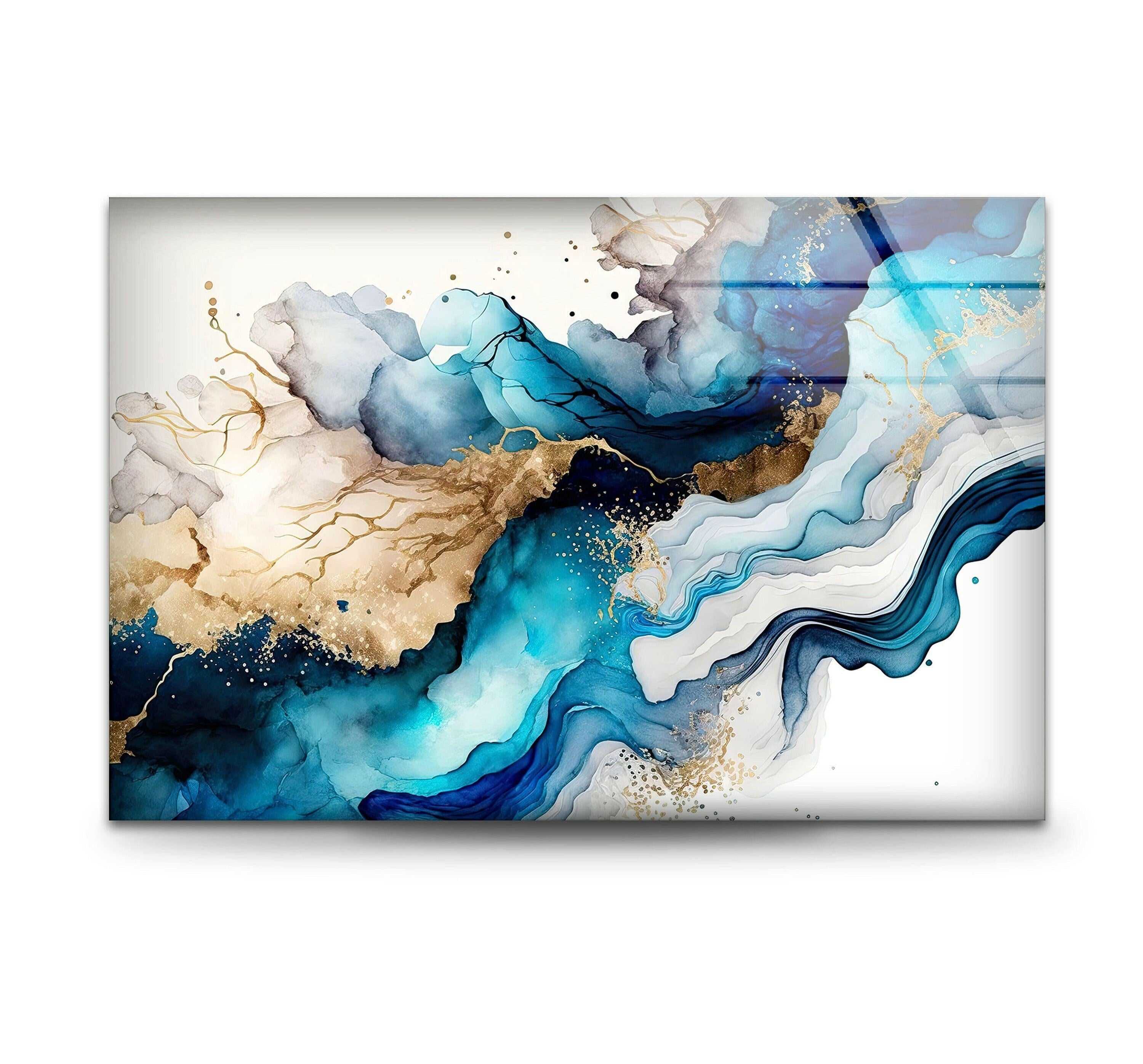Blue and Gold Fluid Abstract Glass Wall Art - Modern Handmade Home Decor for Living Room, Bedroom, Office | Unique Gift Idea for Housewarming, Wedding