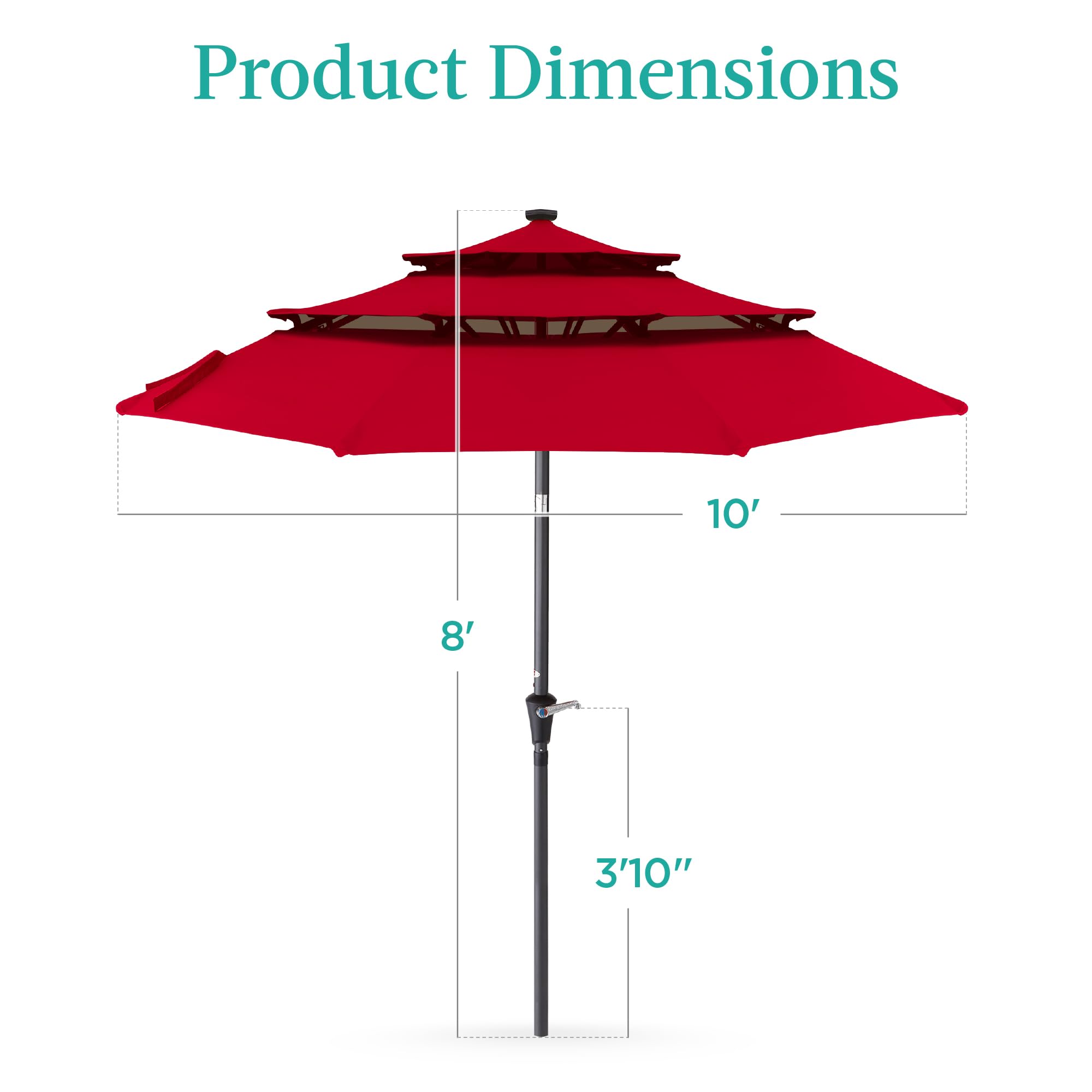 Best Choice Products 10ft 3-Tier Solar Patio Umbrella with 24 LED Lights - Adjustable Tilt & Easy Crank, 8 Sturdy Ribs for Backyard, Deck, Poolside - Perfect for Outdoor Dining, Lounging, and Summer Gatherings (Red)