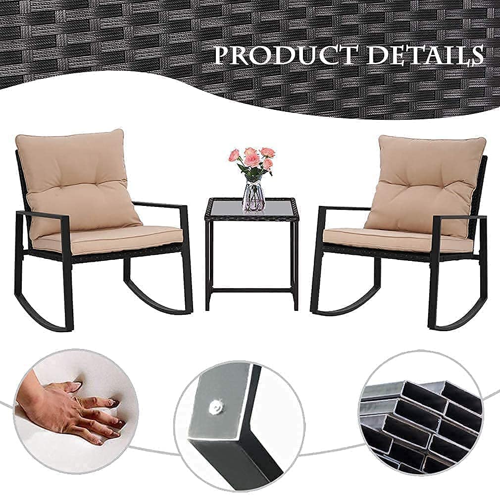 Best 3-Piece Outdoor Patio Furniture Set - PE Rattan Wicker Rocking Chairs with Glass Table - Perfect for Porch, Garden, Backyard & Poolside Relaxation
