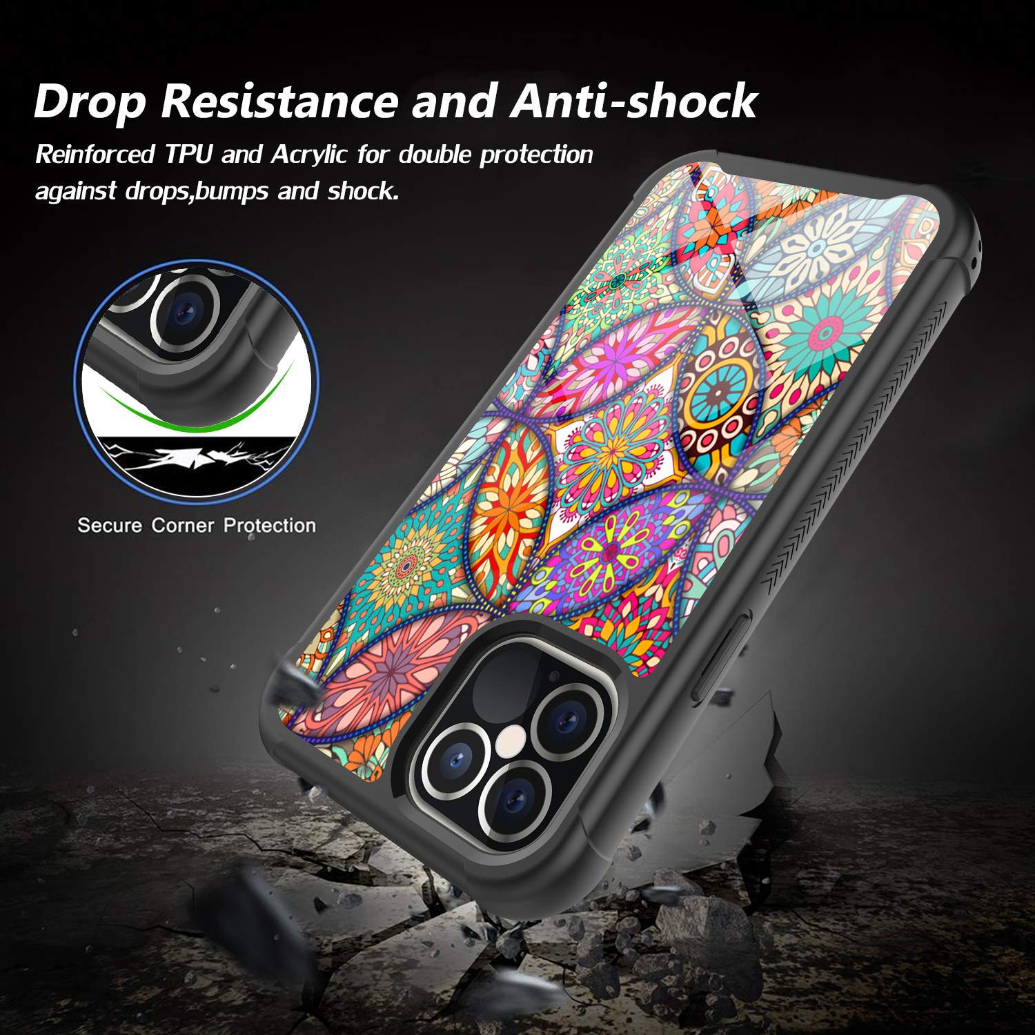 iPhone 12 Pro Max Case 6.7 Inch - Rosebono Hybrid IMD Design, Anti-Scratch Silicone Cover with Colorful Mandala Pattern | Fashion Protection for Women & Teens | Perfect for Daily Use, Work & Travel