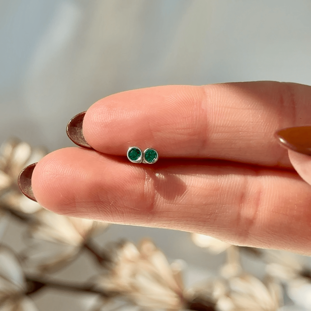14K White Gold Round Emerald Flat Back Stud Earrings – Bezel Set Gemstone Jewelry for Women, Perfect for Weddings, Parties & Everyday Wear