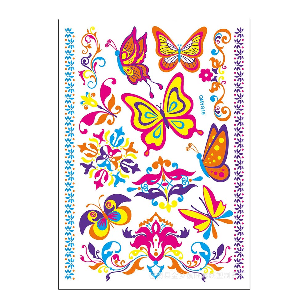 Glow in the Dark Neon Temporary Tattoos for Men & Women - UV Reactive Body Art Stickers (21x15cm) | Waterproof Fake Tattoos for Parties, Festivals & Night Events | Floral, Butterfly & Armband Designs