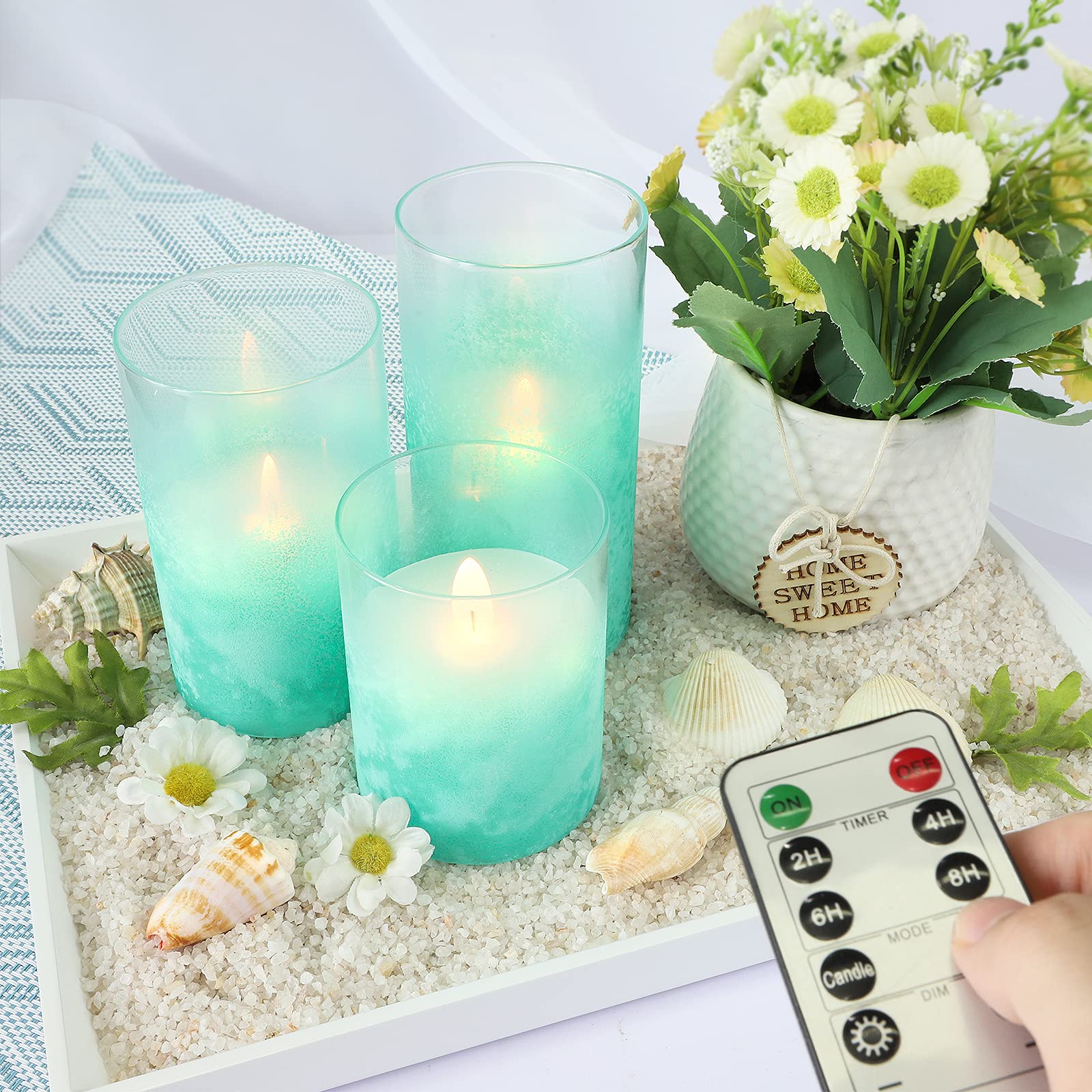 Flickering Flameless LED Candles with Timer - Real Wax Glass Effect Sandblast Battery Operated Candles - Ocean Theme Remote Control Candles for Bathroom, Bedroom, Table & Wedding Decorations - Perfect for Relaxation, Romantic Dinners & Spa Nights