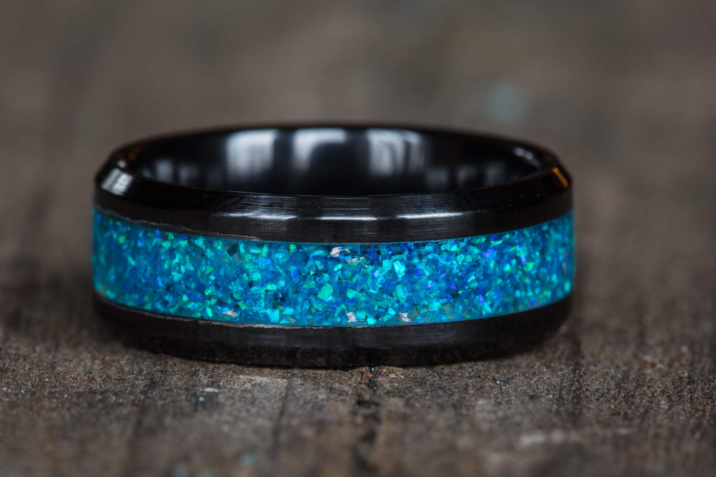 Blue Opal Black Ceramic 8mm Ring for Women | Dainty Stackable Minimalist Jewelry | Gift for Her, Wedding, Anniversary, Everyday Wear