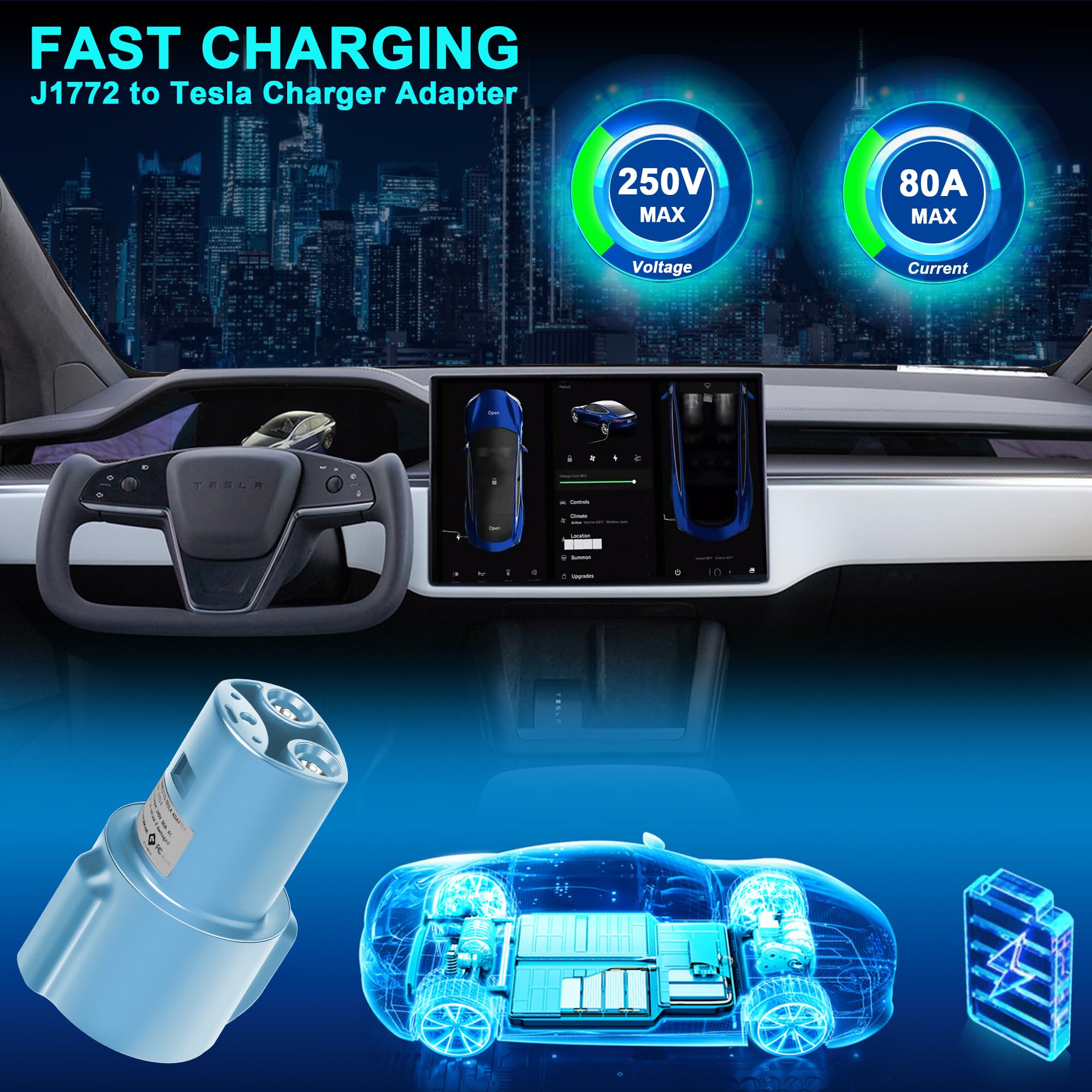 80 Amp J1772 to Tesla Adapter - 240V Charging Converter for Tesla Model 3/Y/S/X - Portable EV Charger Adapter for Outdoor & Home Charging - Perfect for Tesla Owners at Public Stations & Road Trips