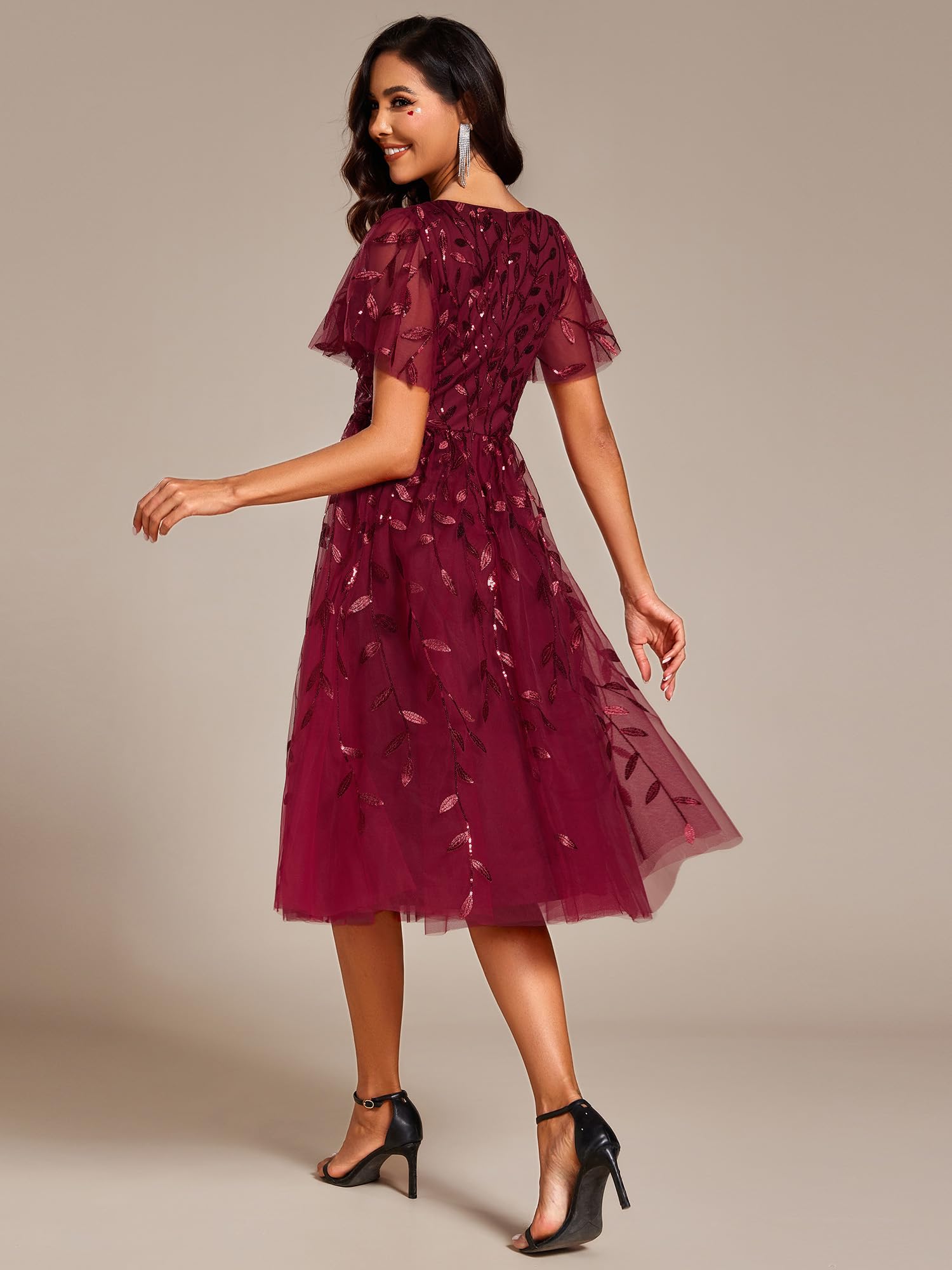 Ever-Pretty Women's Elegant A-Line Embroidery Tulle Sequins Short Sleeves Midi Dress for Wedding Guest, Party, Cocktail & Special Occasions - Style 02230
