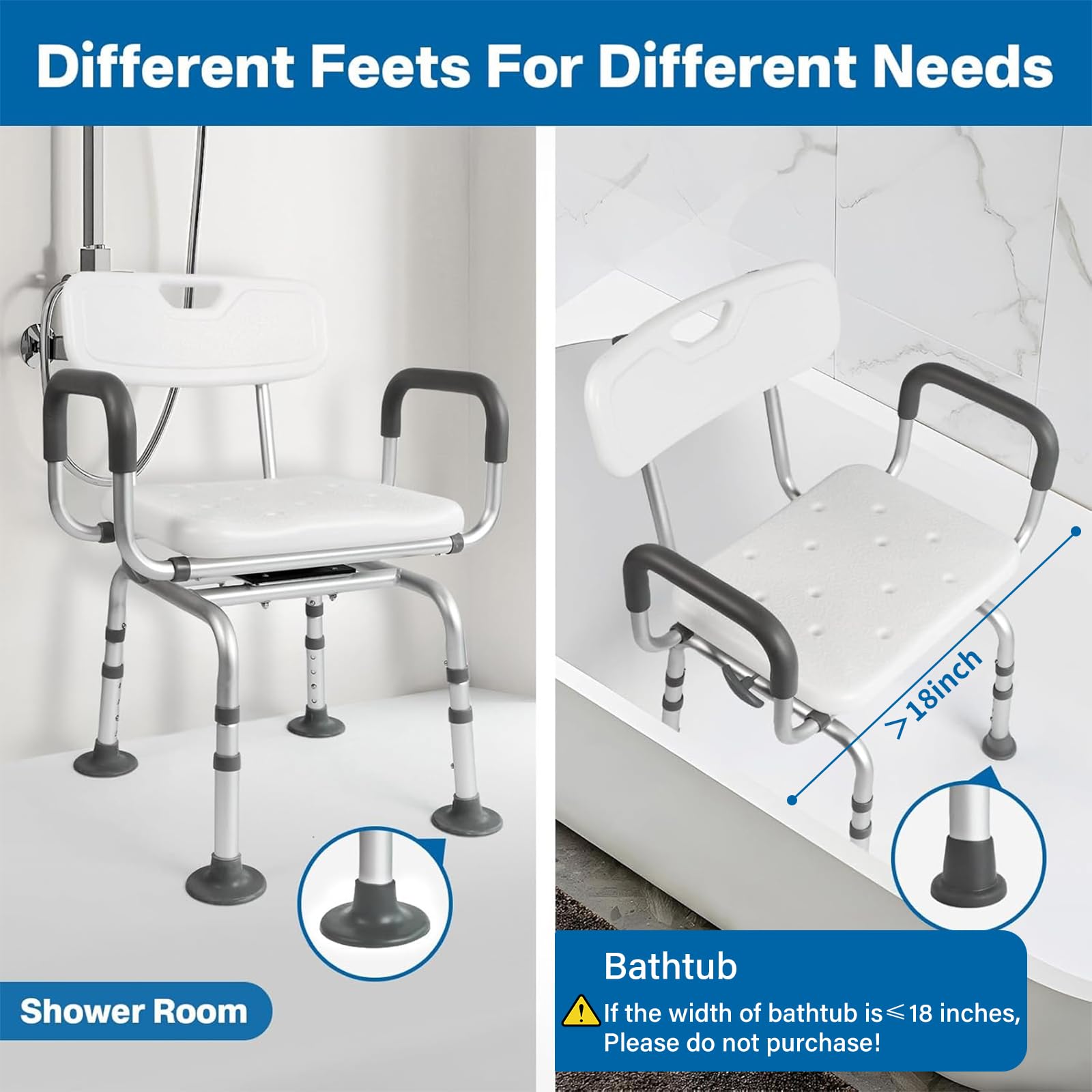 Eosprim 360° Swivel Shower Chair for Bathtub - Adjustable Height Bath Seat with Padded Backrest & Armrests - Non-Slip Rotating Shower Stool for Elderly & Disabled - Ideal for Bathroom Safety and Mobility Assistance