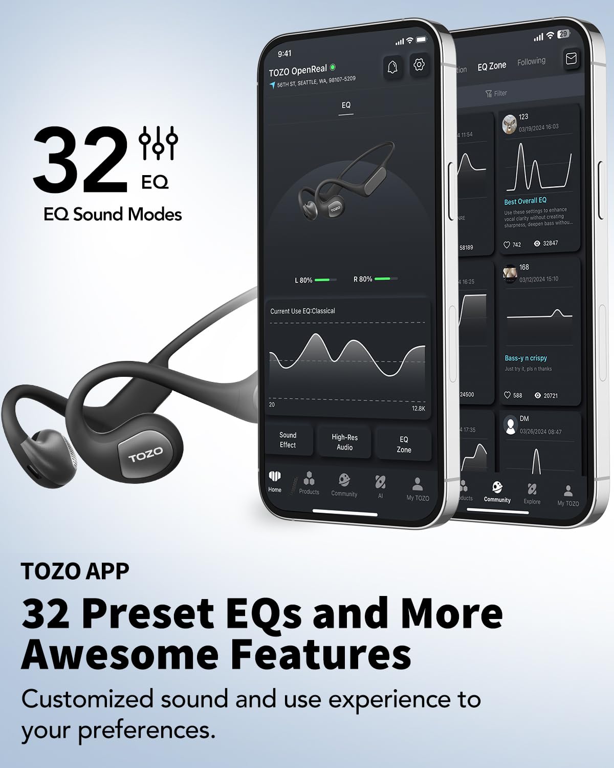TOZO Upgraded Open Ear Bluetooth 5.3 Wireless Headphones - Air Conduction Sport Earbuds with Premium Sound, 32 EQ Modes via APP, Dual-Mic Noise Cancelling for Calls - Perfect for Cycling, Running & Outdoor Workouts