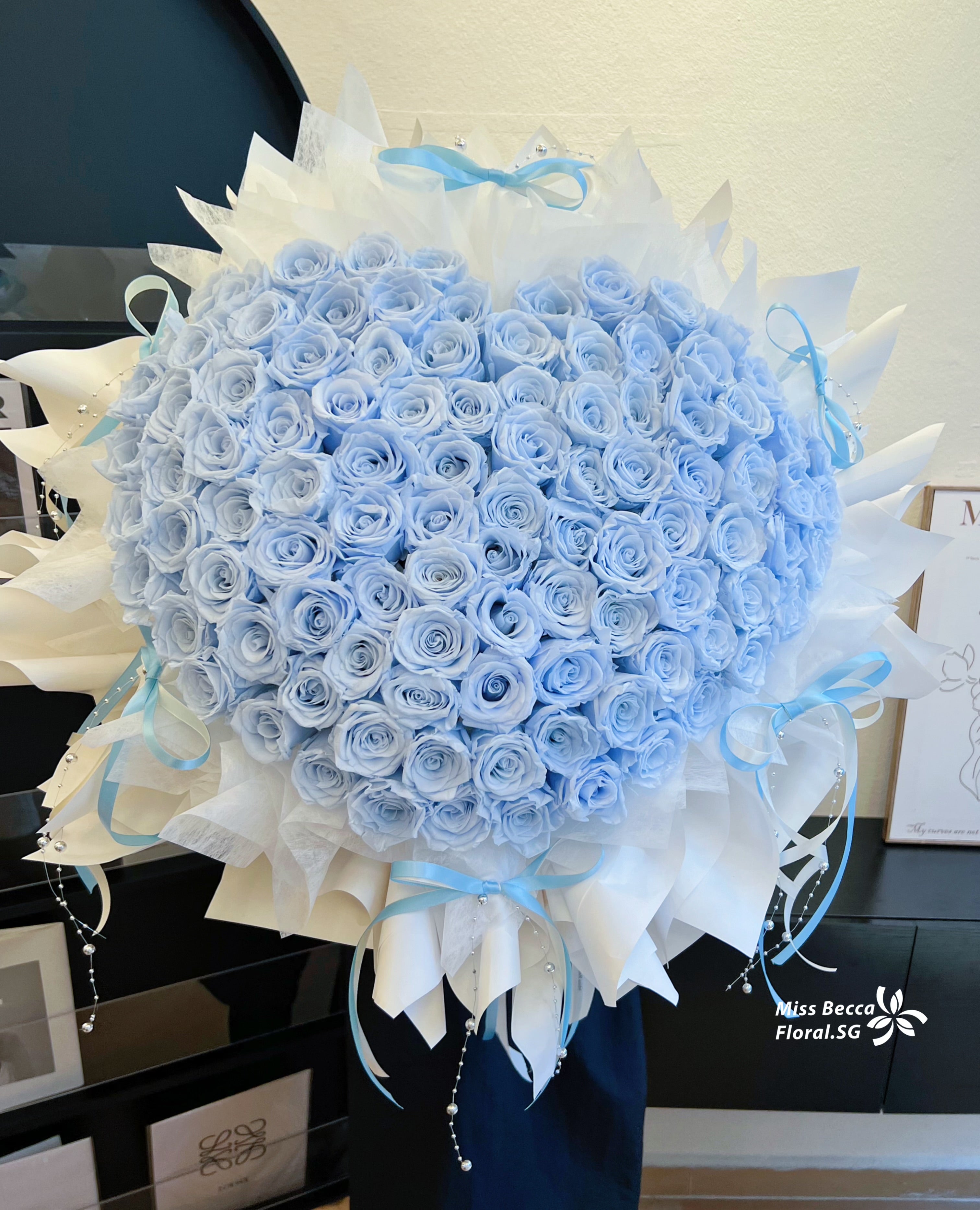 99 Blue Preserved Rose Bouquet in Love Shape - Korean Style Eternal Flowers for Valentine's Day, Anniversary & Romantic Gifts